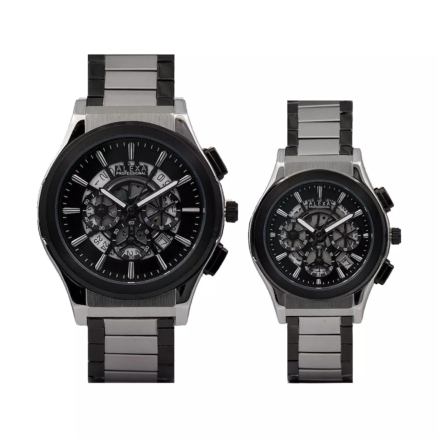 Alexa-Watch-Code-0109.C-0110.C1.webp ساعت الکسا ست فلزی نقره ای مشکی صفحه اسکلتون 0109-0110 - Image 1