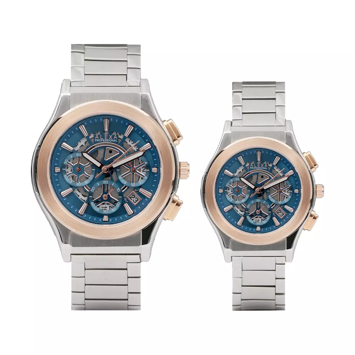 Alexa-Watch-Code-0109.D-0110-D1.webp ساعت الکسا ست فلزی نقره ای صفحه آبی اسکلتون 0109-0110 - Image 1