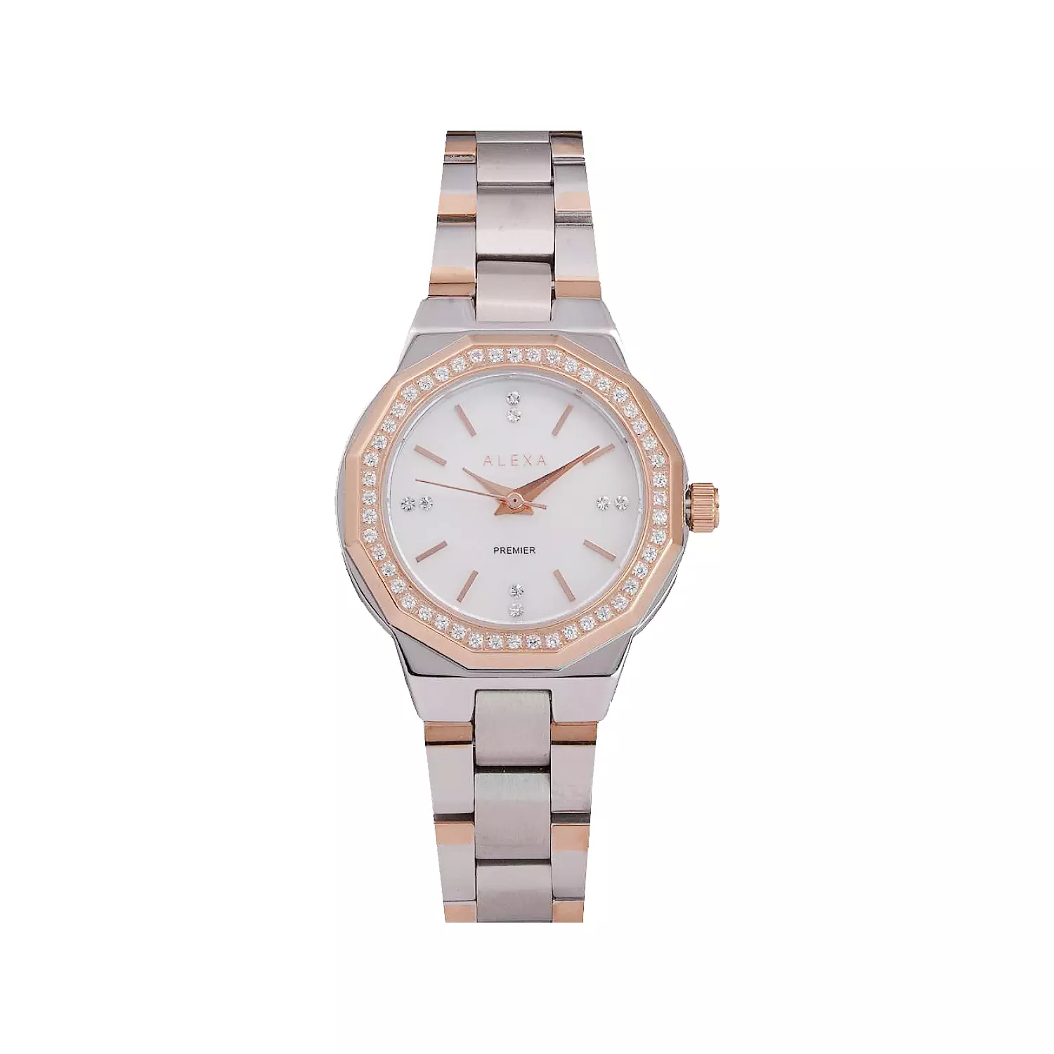 Alexa-Watch-Code-0113.C1.webp ساعت مچی الکسا زنانه فلزی نقره ای رزگلد نگین دار 0113 - Image 1