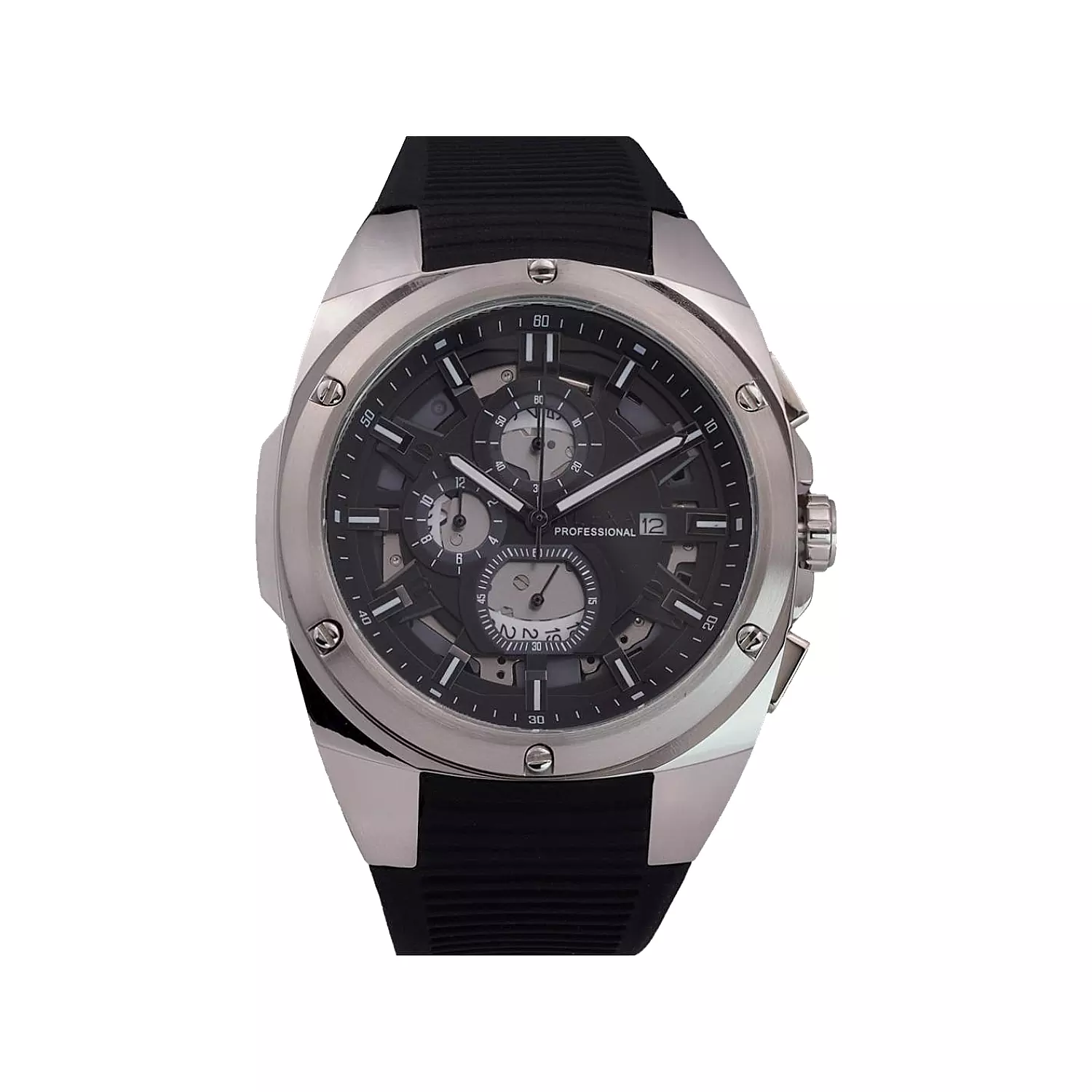 Alexa-Watch-Code-0115.B1.webp ساعت الکسا مردانه بند رابر قاب نقره ای اسکلتون 0115 - Image 1