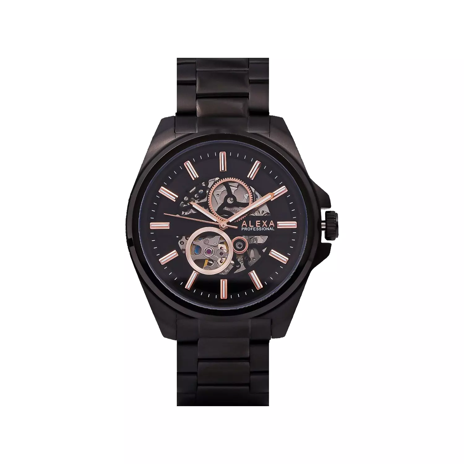 Alexa-Watch-Code-0116.A1.webp ساعت مچی الکسا مردانه فلزی مشکی صفحه اسکلتون 0116 - Image 1