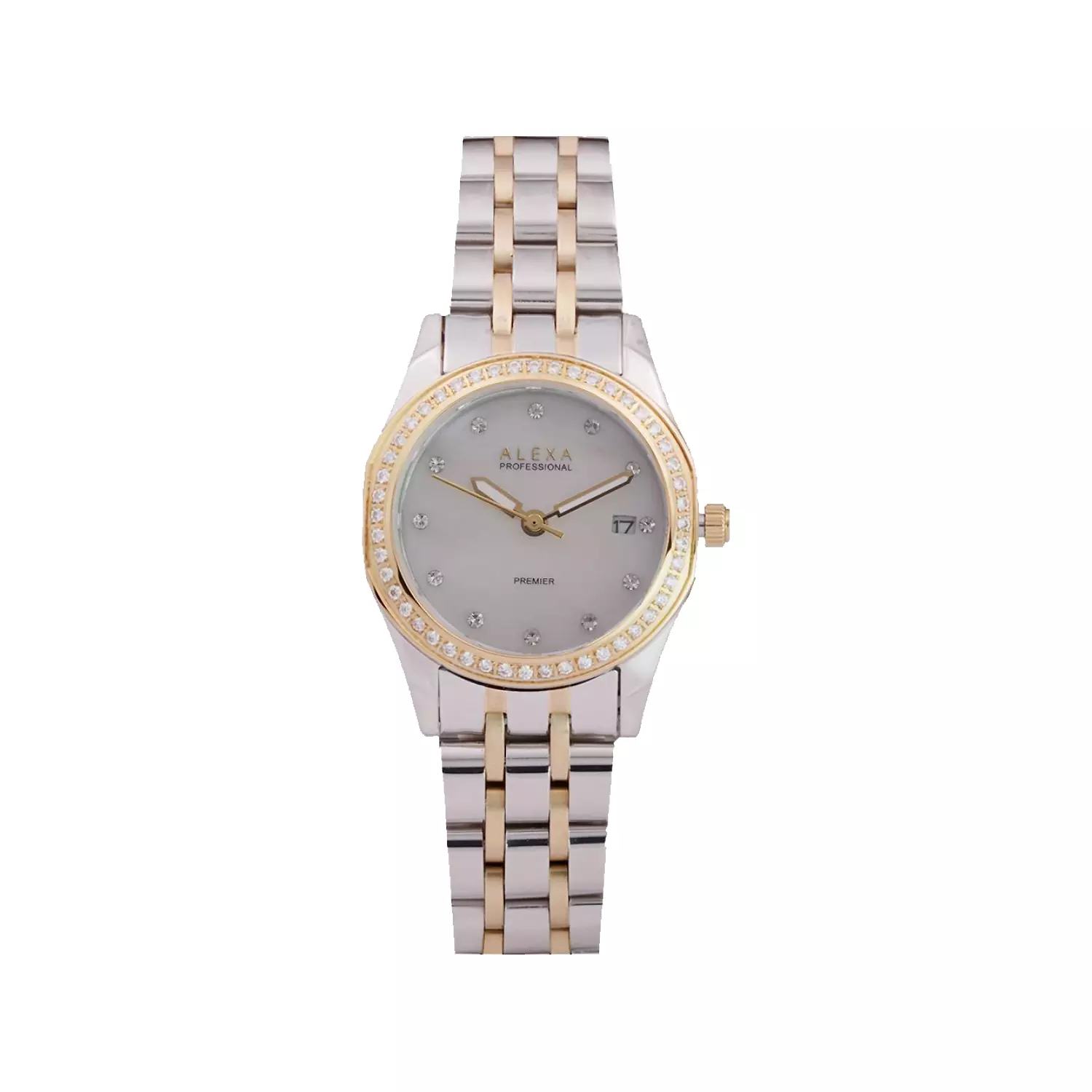 Alexa-Watch-Code-0120.B1.webp ساعت مچی الکسا زنانه فلزی نقره ای طلایی صفحه طوسی 0120 - Image 1