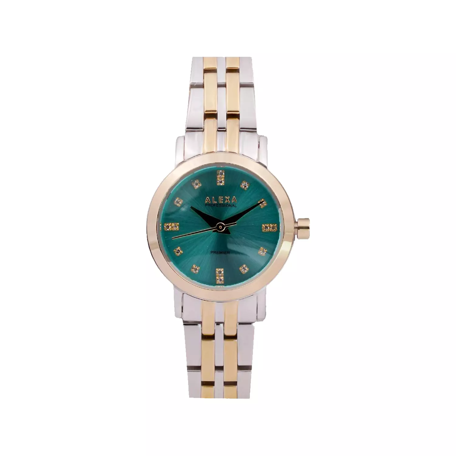 Alexa-Watch-Code-0121.D1.webp ساعت مچی الکسا زنانه فلزی نقره ای طلایی صفحه سبز 0121 - Image 1