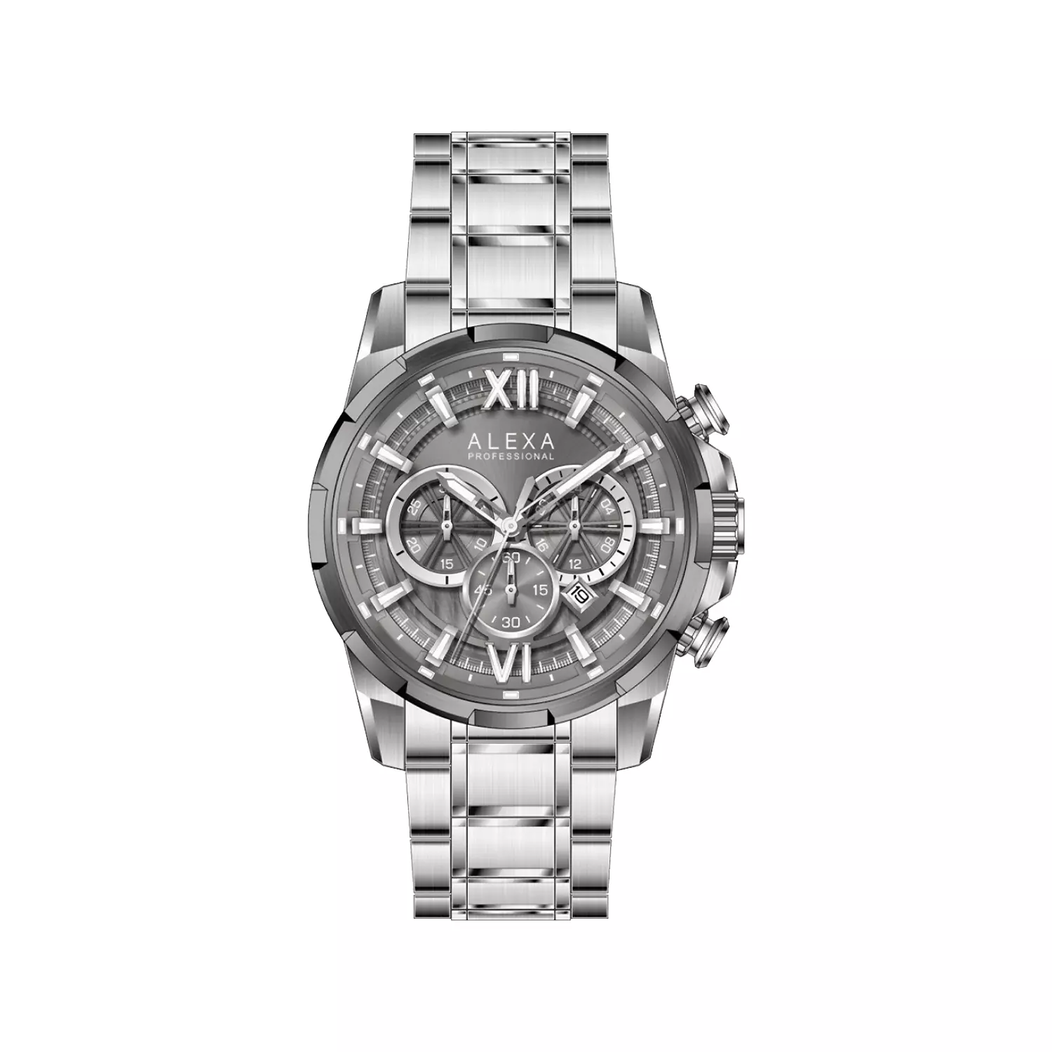 Alexa-Watch-Code-3009B1.webp ساعت الکسا مردانه فلزی نقره ای صفحه طوسی کرنوگراف 3009 - Image 1