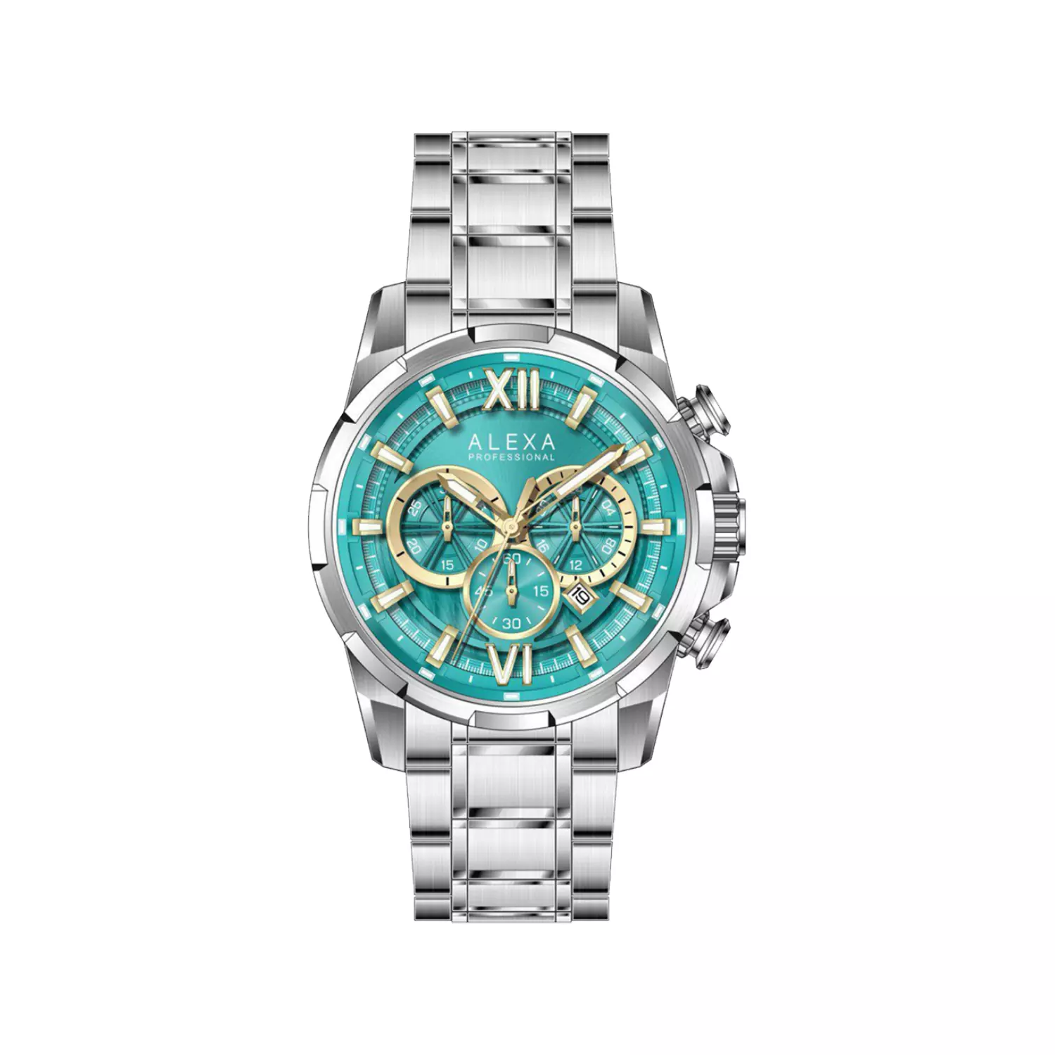 Alexa-Watch-Code-3009E1.webp ساعت الکسا مردانه فلزی نقره ای صفحه تیفانی کرنوگراف 3009 - Image 1