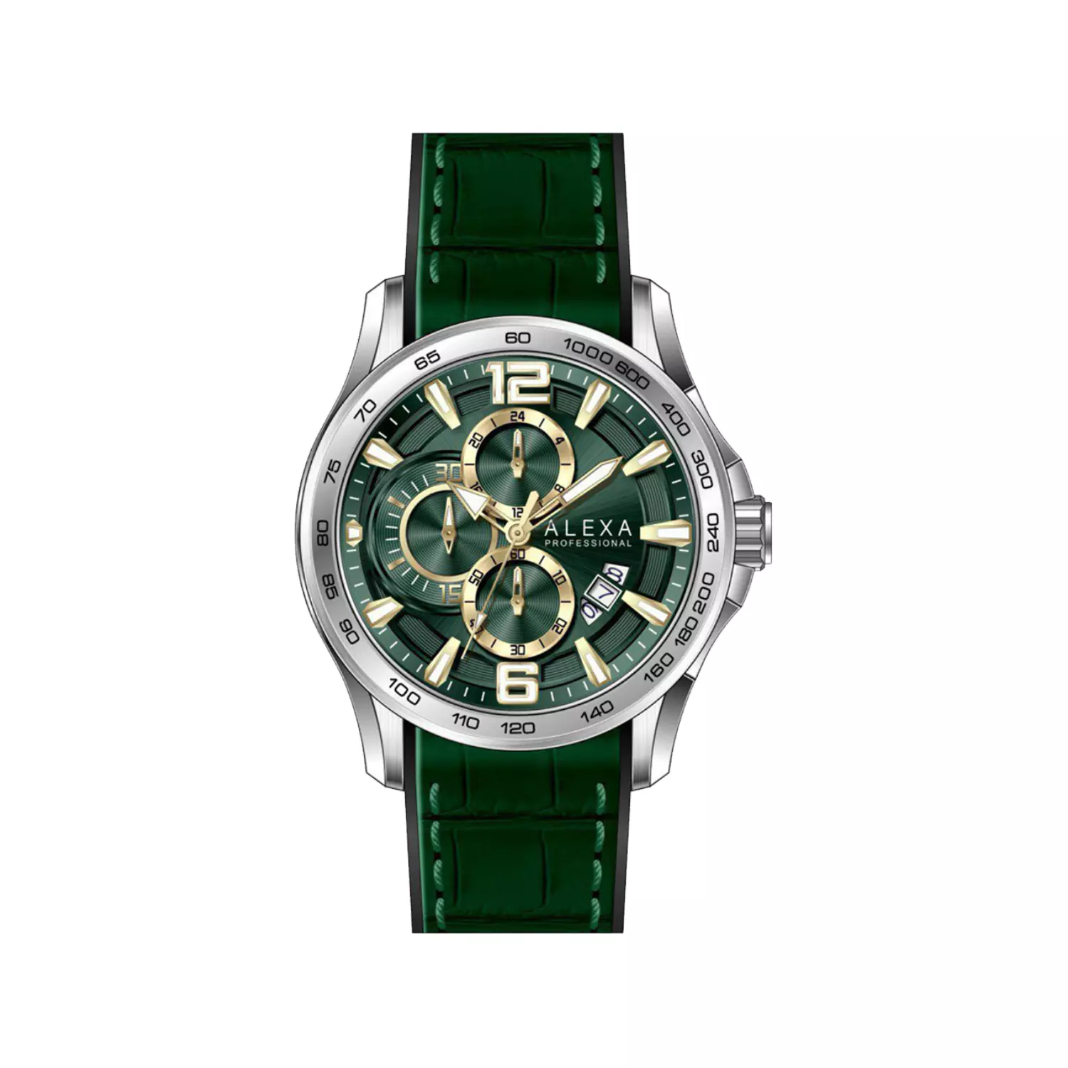 Alexa-Watch-Code-3010B1.webp ساعت عقربه ای الکسا مردانه بند چرم سبز کرنوگراف 3010 - Image 1