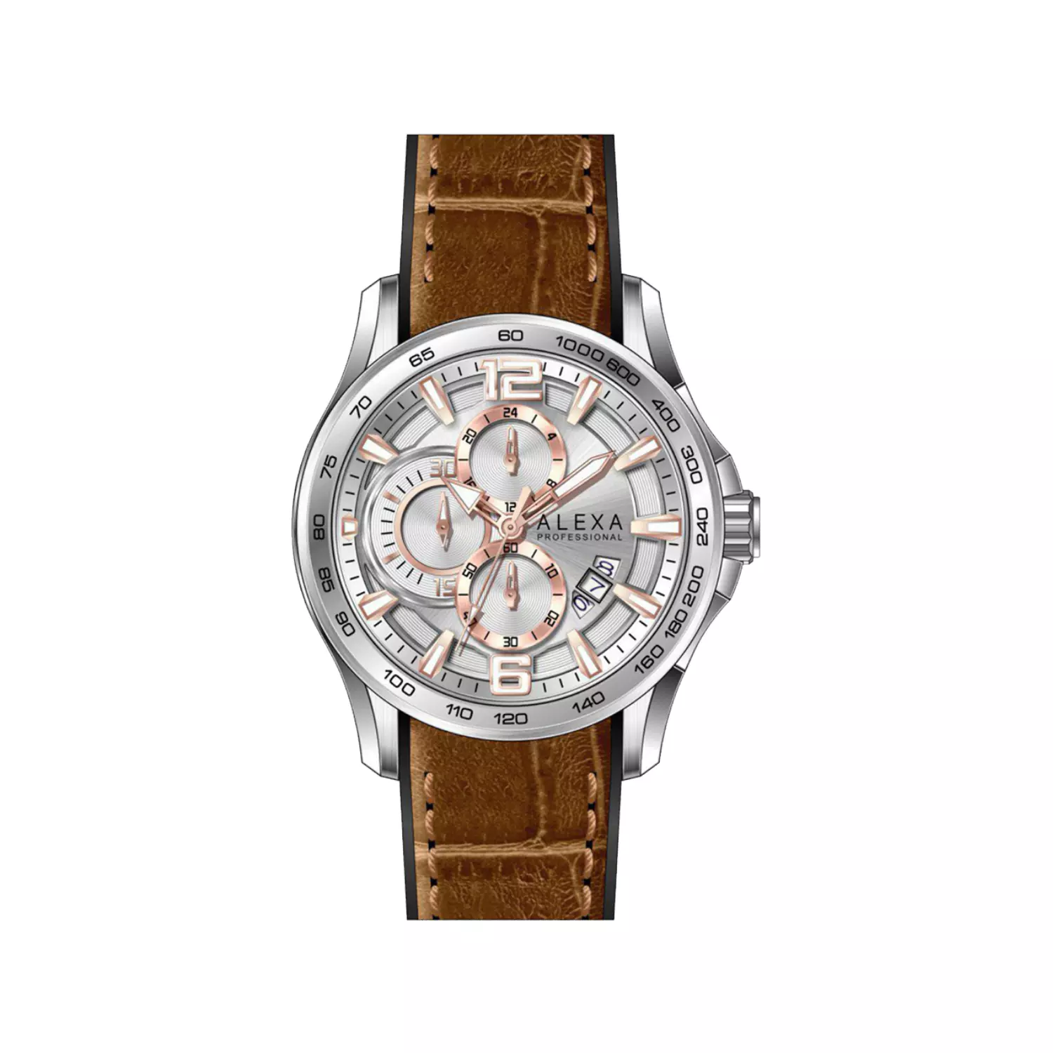 Alexa-Watch-Code-3010D1.webp ساعت عقربه ای الکسا مردانه بند چرم قهوه ای کرنوگراف 3010 - Image 1