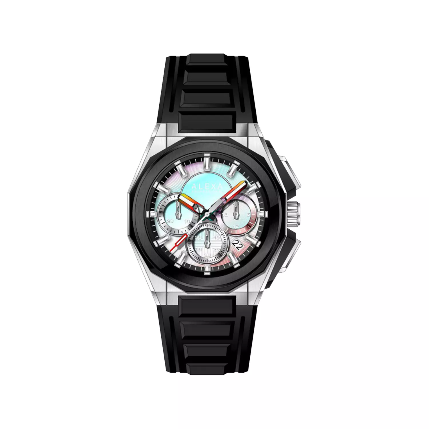 Alexa-Watch-Code-3011A1.webp ساعت عقربه ای الکسا مردانه بند رابر مشکی کرنوگراف 3011 - Image 1