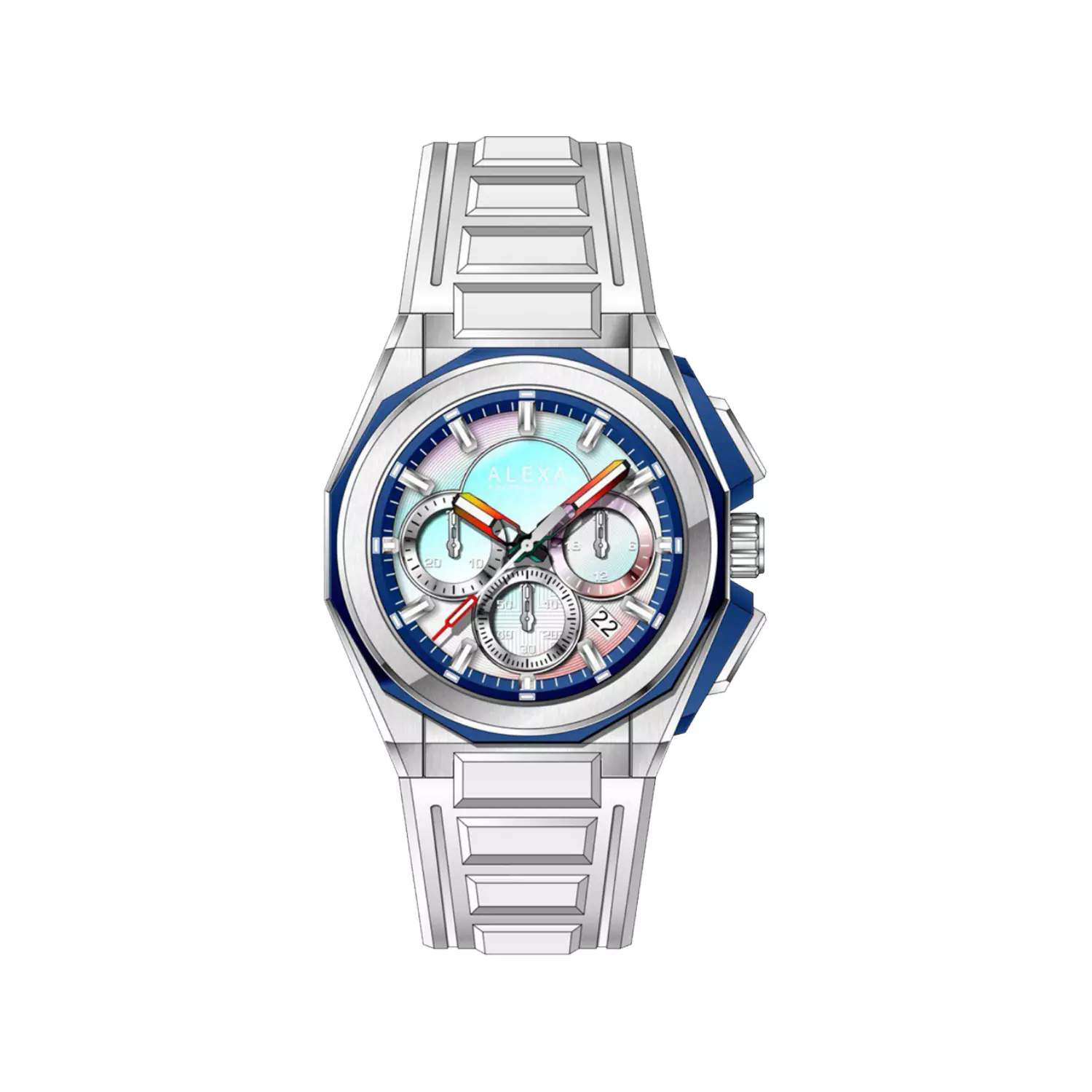 Alexa-Watch-Code-3011B1.webp ساعت عقربه ای الکسا مردانه بند رابر سفید کرنوگراف 3011 - Image 1