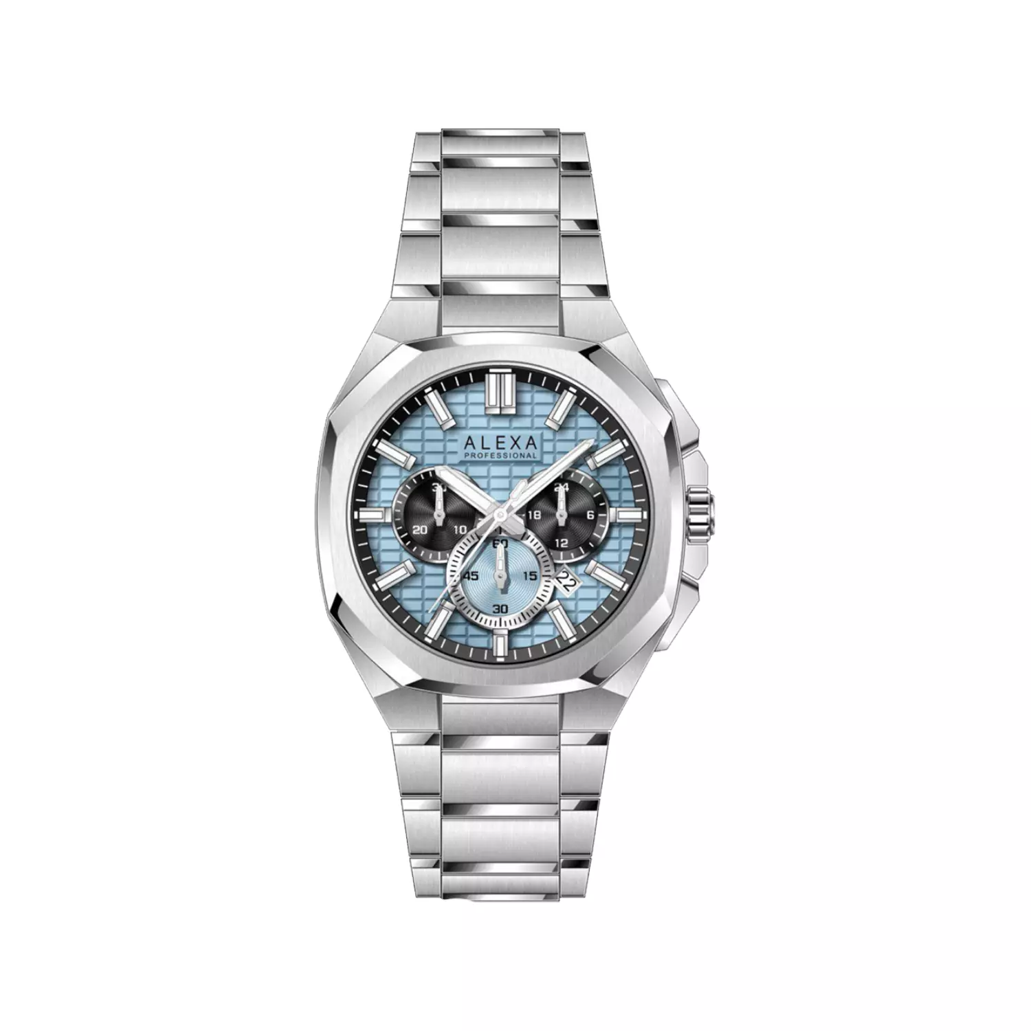 Alexa-Watch-Code-3012A1.webp ساعت الکسا مردانه فلزی نقره ای صفحه تیفانی کرنوگراف 3012 - Image 1