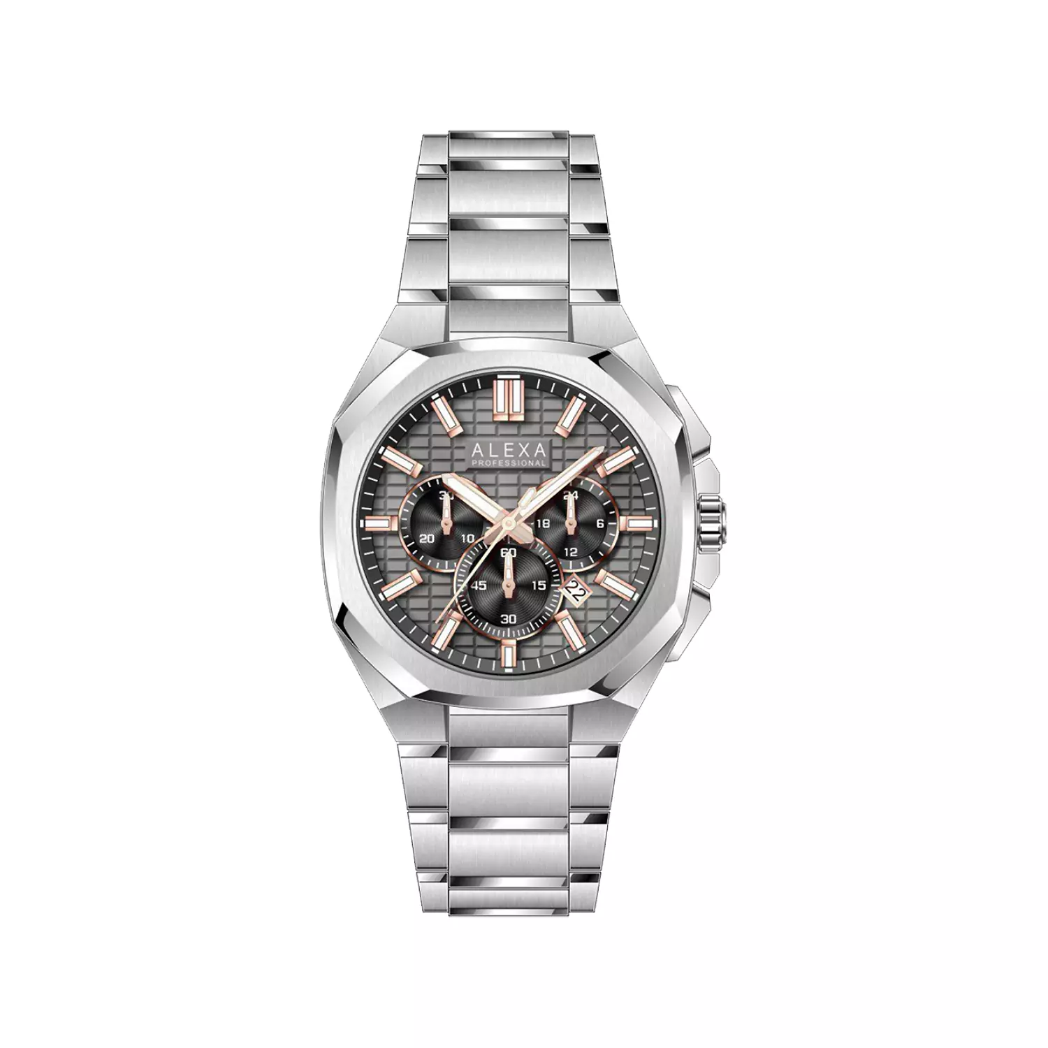 Alexa-Watch-Code-3012B1.webp ساعت الکسا مردانه فلزی نقره ای صفحه مشکی کرنوگراف 3012 - Image 1