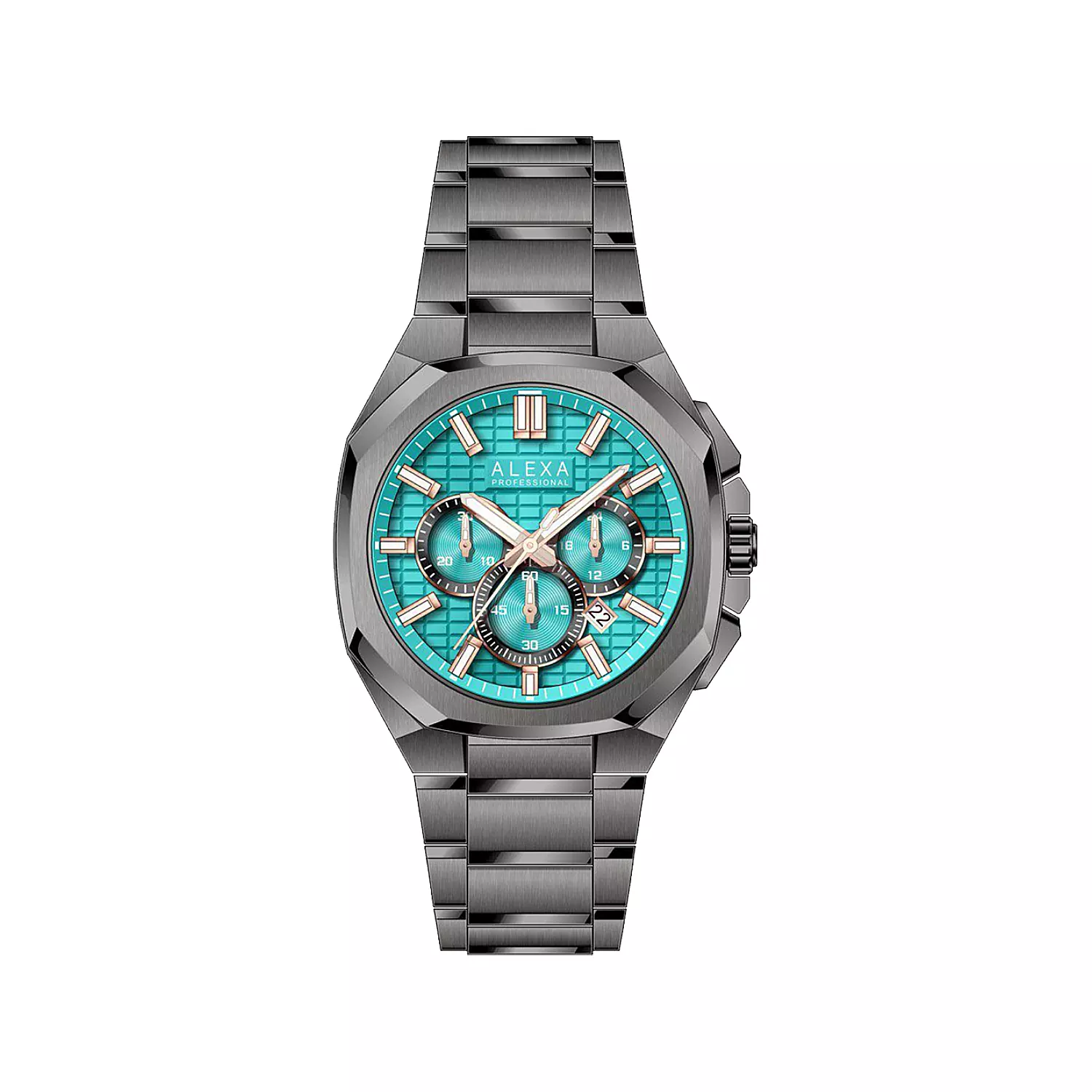 Alexa-Watch-Code-3012F1.webp ساعت الکسا مردانه فلزی گان صفحه تیفانی کرنوگراف 3012 - Image 1