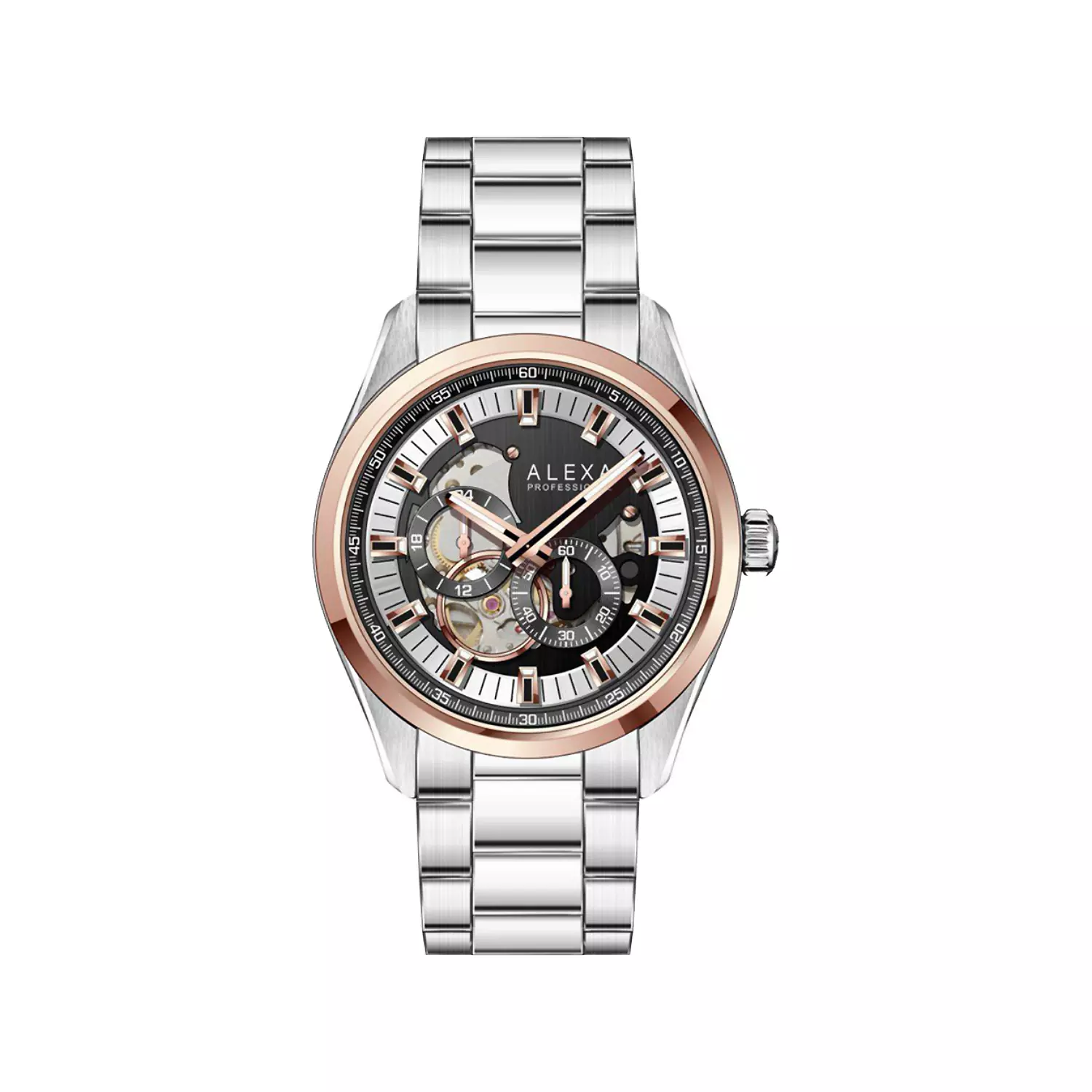 Alexa-Watch-Code-3013D1.webp ساعت الکسا مردانه فلزی نقره ای قاب رزگلد کرنوگراف 3013 - Image 1