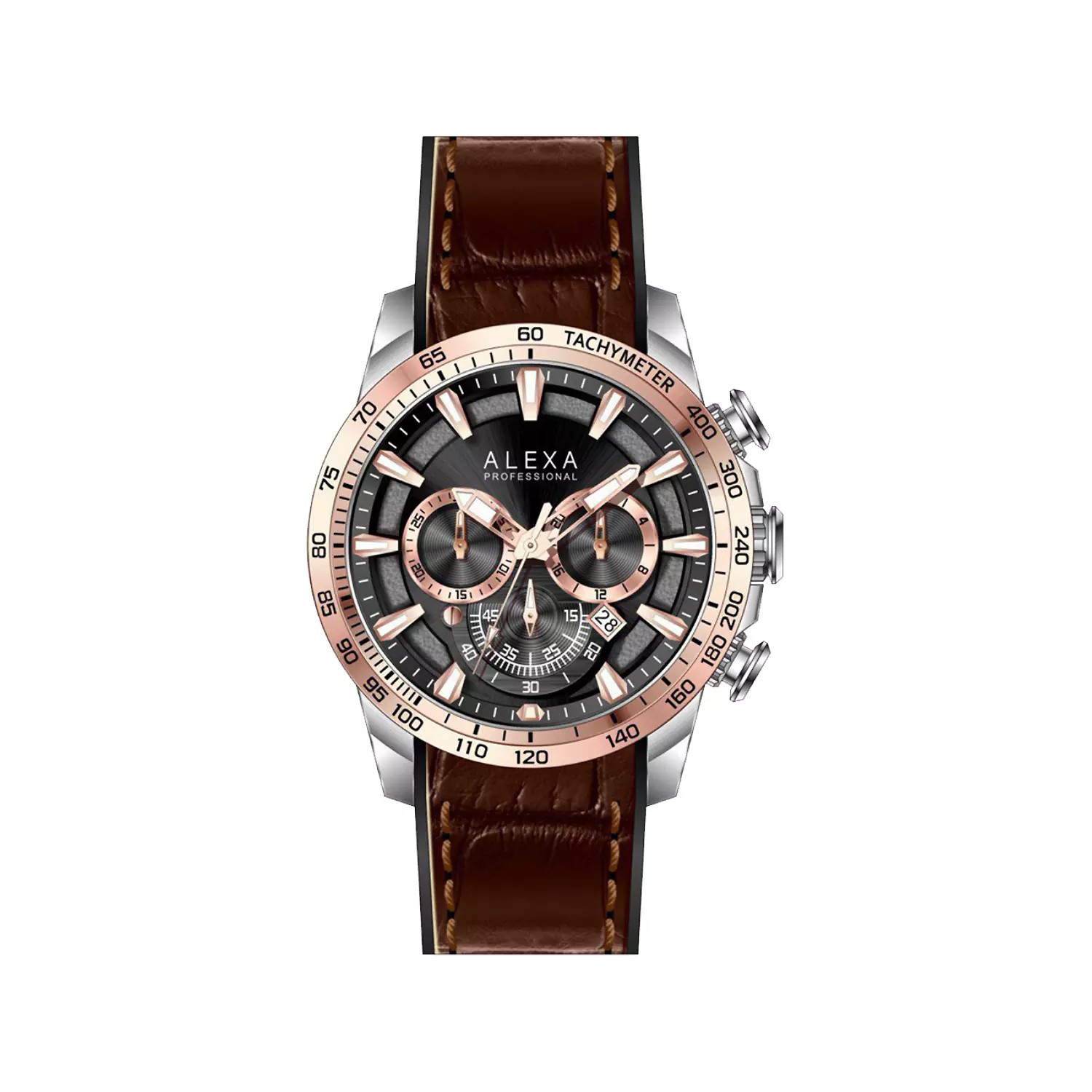 Alexa-Watch-Code-3015D1.webp ساعت مچی الکسا مردانه بند چرم قهوه ای کرنوگراف 3015 - Image 1