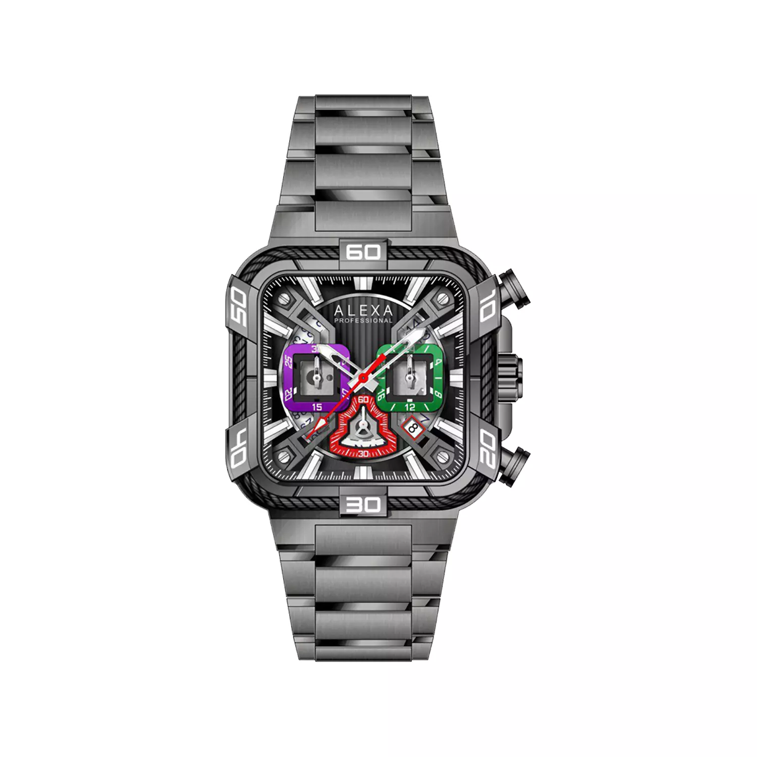 Alexa-Watch-Code-3016C1.webp ساعت الکسا مردانه فلزی گان قاب مربع کرنوگراف 3016 - Image 1