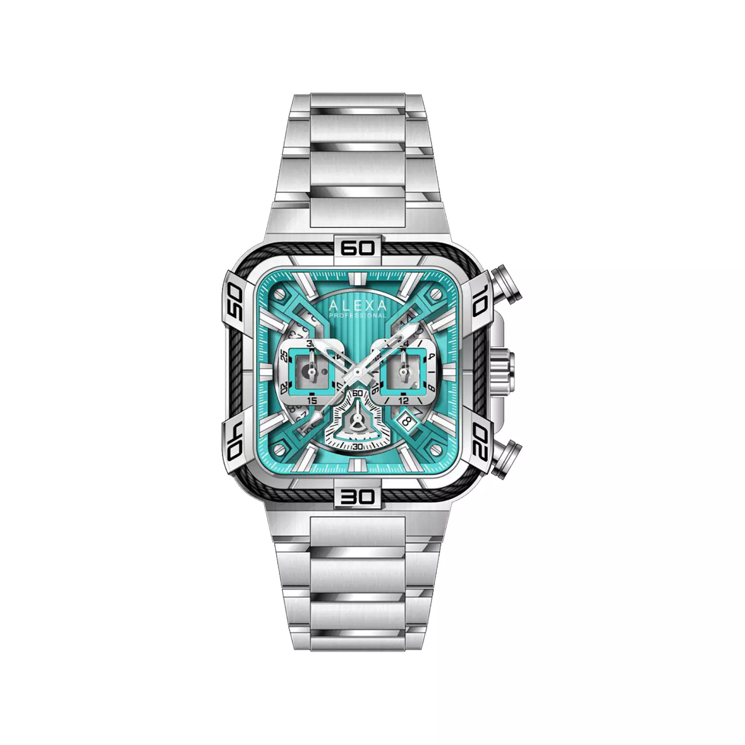 Alexa-Watch-Code-3016F1.webp ساعت الکسا مردانه فلزی صفحه تیفانی قاب مربع کرنوگراف 3016 - Image 1