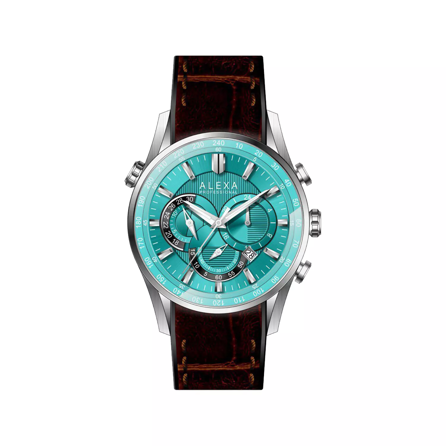 Alexa-Watch-Code-3017E1.webp ساعت مچی الکسا مردانه چرم صفحه تیفانی کرنوگراف 3017 - Image 1