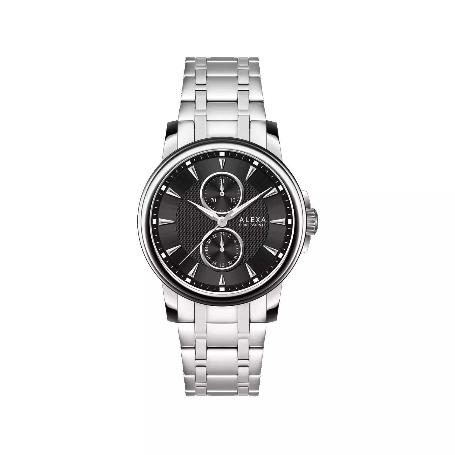 Alexa-Watch-Code-3030A1.webp ساعت مچی الکسا مردانه فلزی نقره ای صفحه مشکی 3030 - Image 1