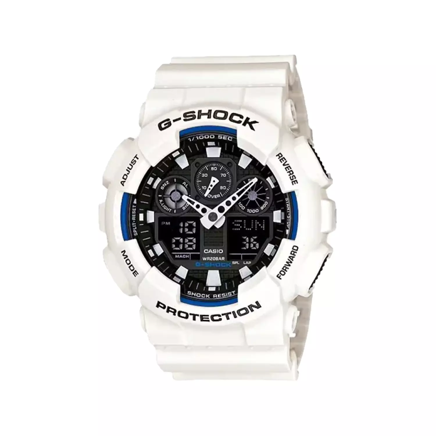 Casio-G-Shock-Watch-Code-GA-100B-7A1.webp ساعت کاسیو جی شاک مردانه بند رابر دو زمانه سفید GA-100B-7A - Image 1