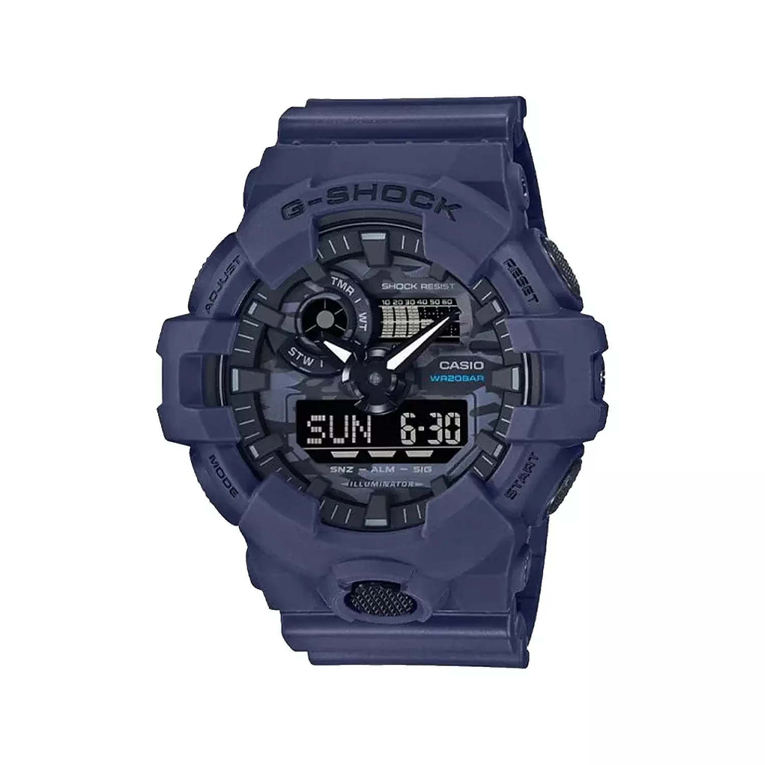 Casio-G-Shock-Watch-Code-GA-700CA-2A1.webp ساعت کاسیو جی شاک مردانه بند رابر دو زمانه سرمه ای GA-700CA-2A - Image 1