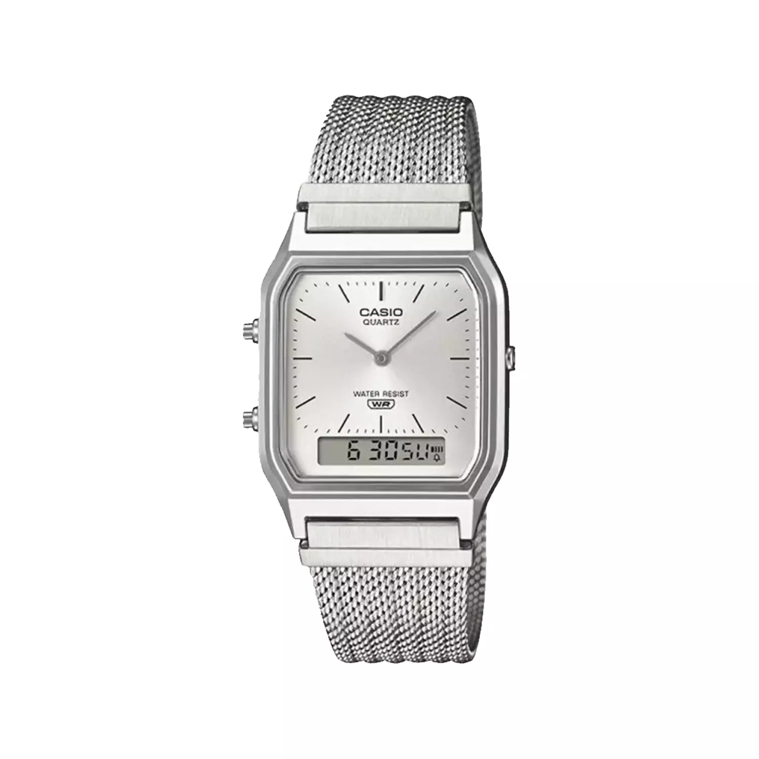 Casio-Watch-Code-AQ-230EM-7A1.webp ساعت کاسیو زنانه بند حصیری فلزی نقره ای دو زمانه AQ-230EM-7A - Image 1