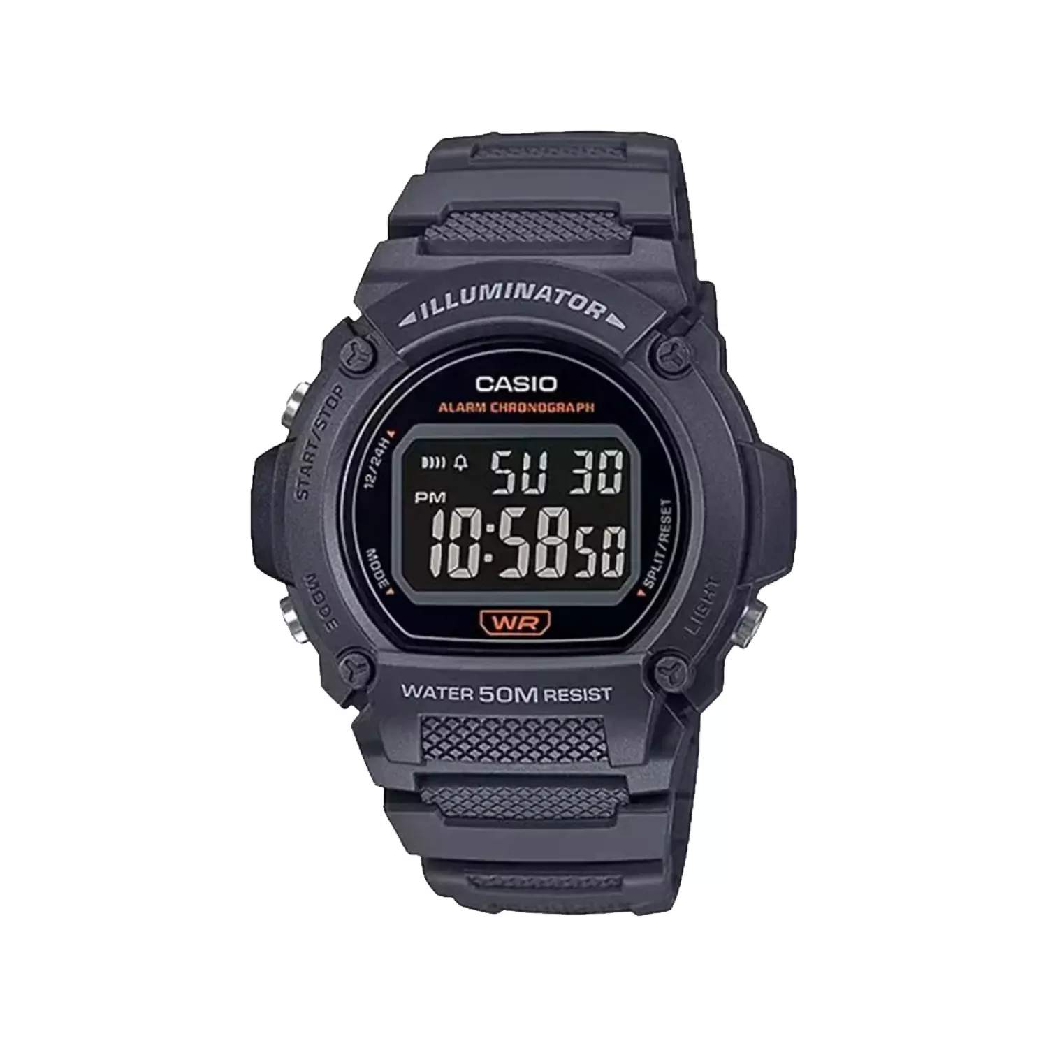 Casio-Watch-Code-W-219H-8B1.webp ساعت مچی دیجیتالی کاسیو بند رابر خاکستری W-219H-8B - Image 1
