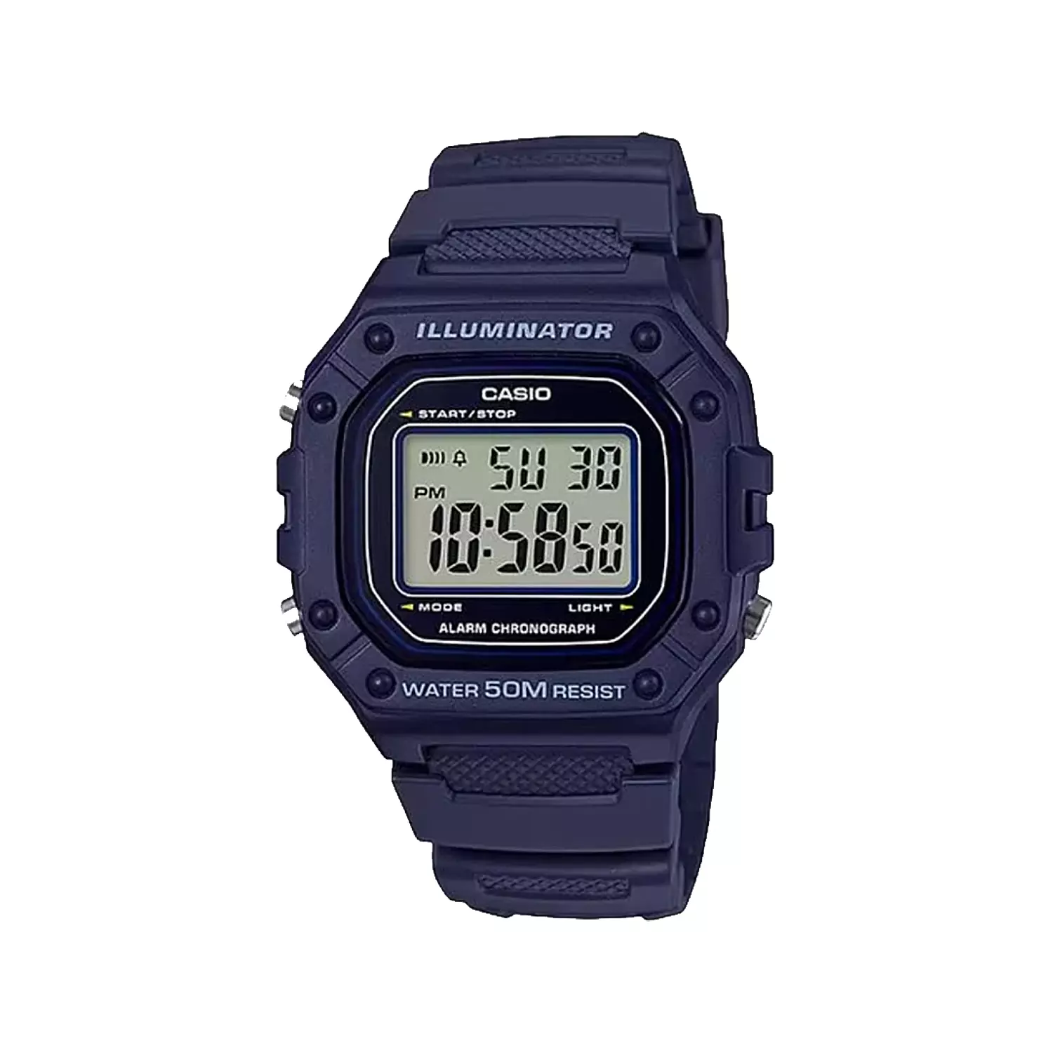 Casio-Watch-Code-W‑218H‑2A1.webp ساعت مچی کاسیو بند رابر سرمه ای دیجیتالی W‑218H‑2A - Image 1