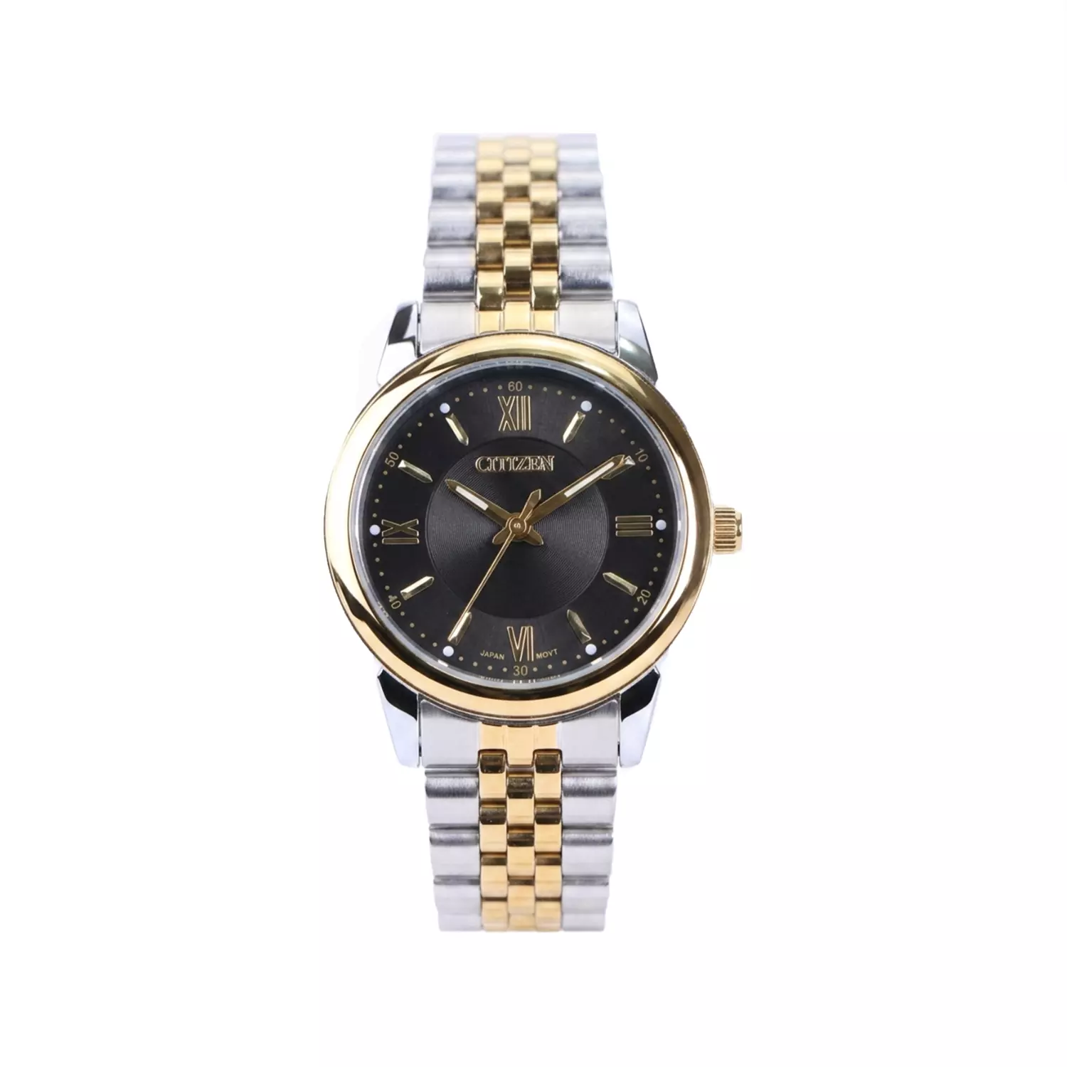 Citizen-VIP-Watch-Code-L-2364.101.webp ساعت مچی سیتیزن زنانه فلزی نقره ای طلایی صفحه مشکی L 2364/10 - Image 1