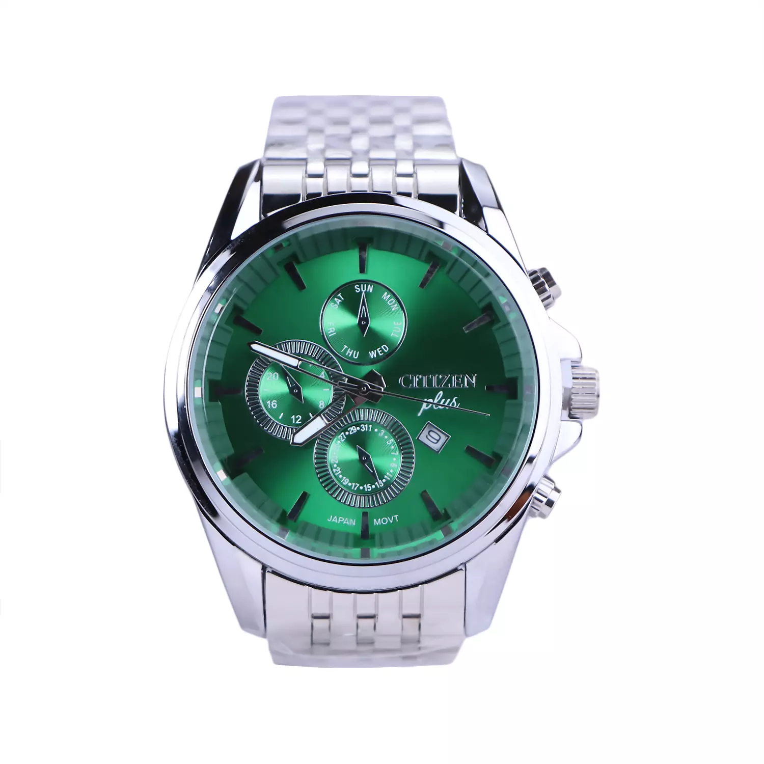 Citizen-plus-Watch-Code-G-2025-8.31.webp ساعت مچی سیتیزن مردانه فلزی نقره ای صفحه سبز G 2025-8/3 - Image 1
