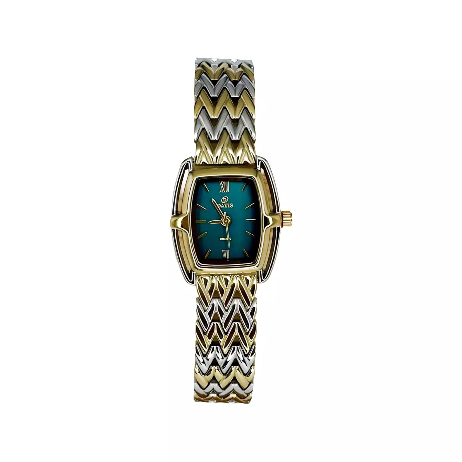 Datis-Watch-Code-9045.50.webp ساعت مچی داتیس زنانه فلزی نقره ای طلایی صفحه سبز 9045 - Image 1