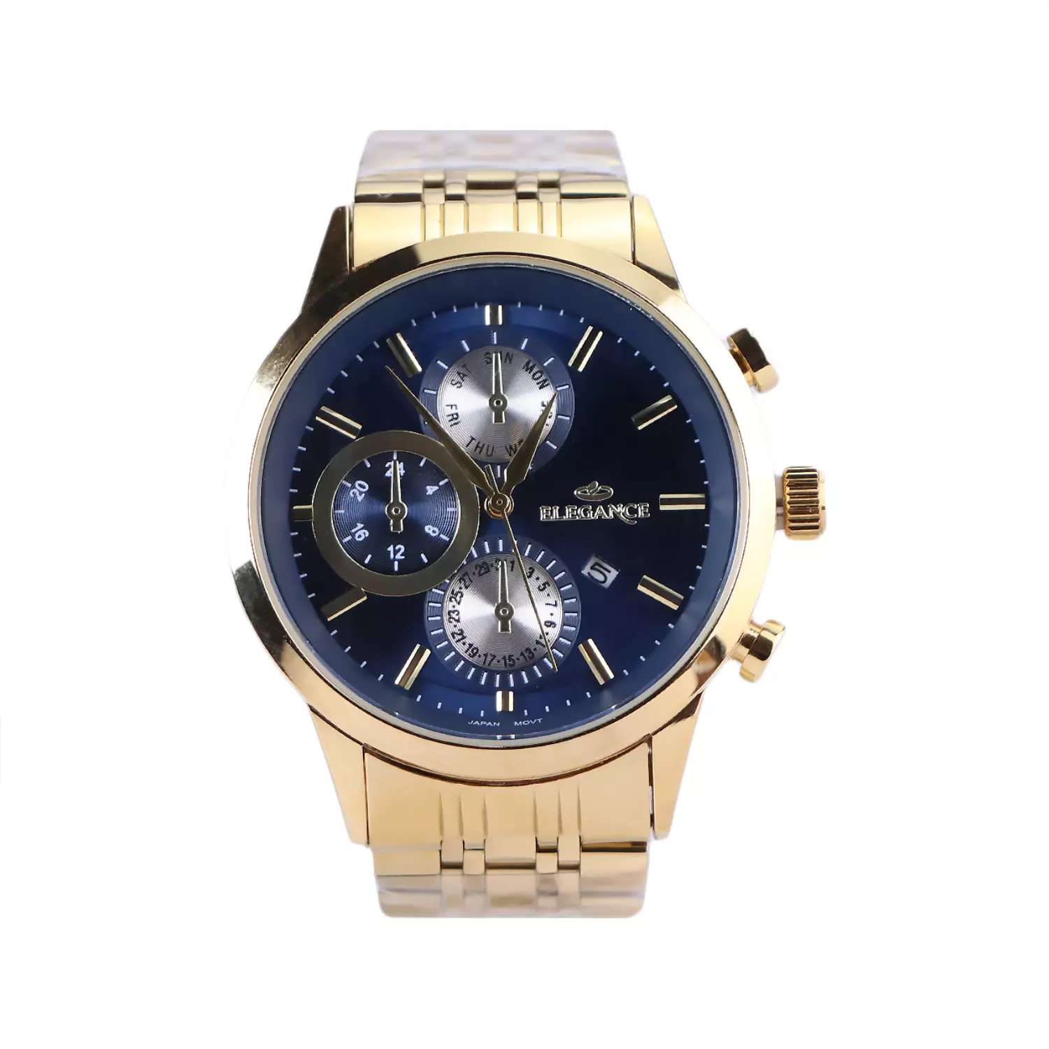 Elegance-Watch-Code-G-6134.11.webp ساعت مچی الگانس مردانه فلزی طلایی صفحه سرمه ای G 6134/1 - Image 1