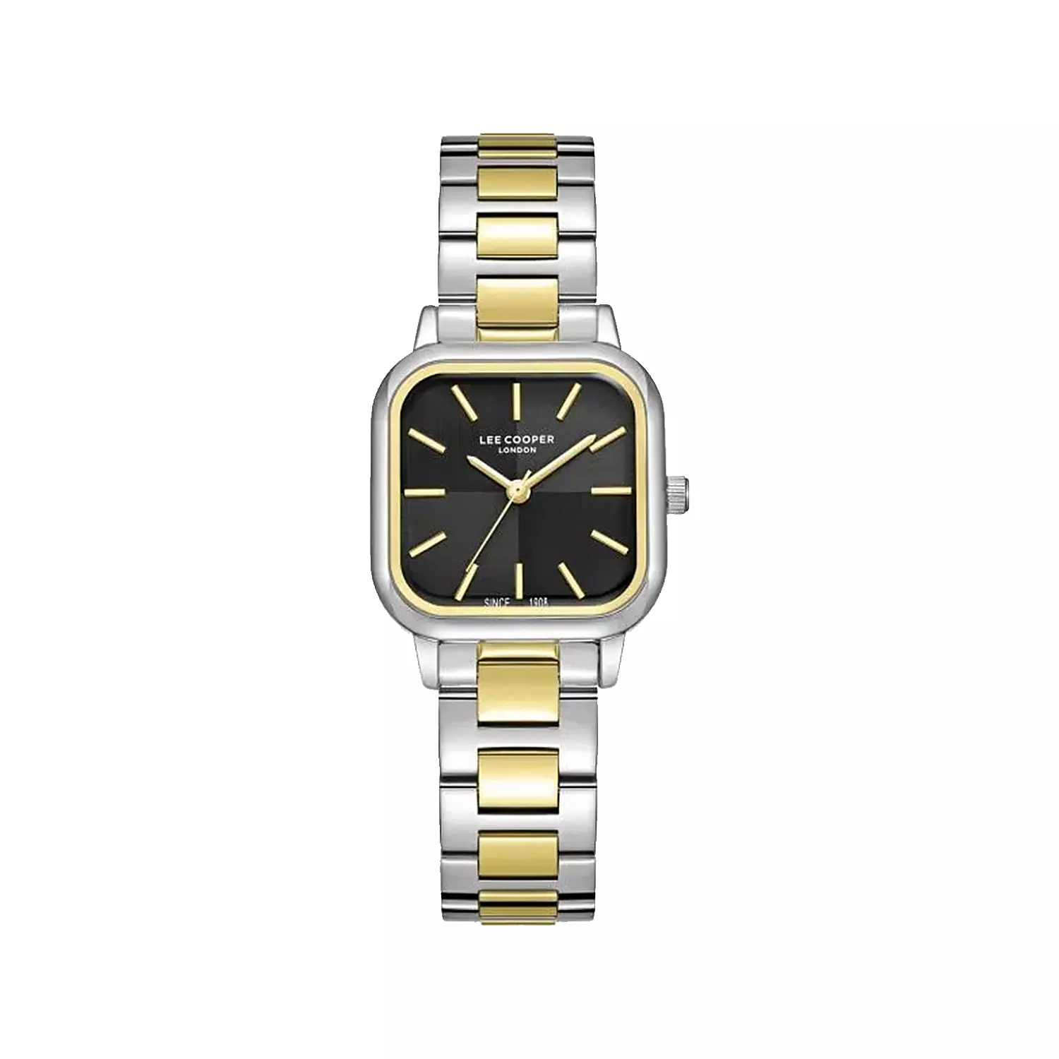 Lee-Cooper-Watch-Code-8134.2501.webp ساعت مچی زنانه لی کوپر فلزی نقره ای طلایی قاب مربع 8134.250 - Image 1
