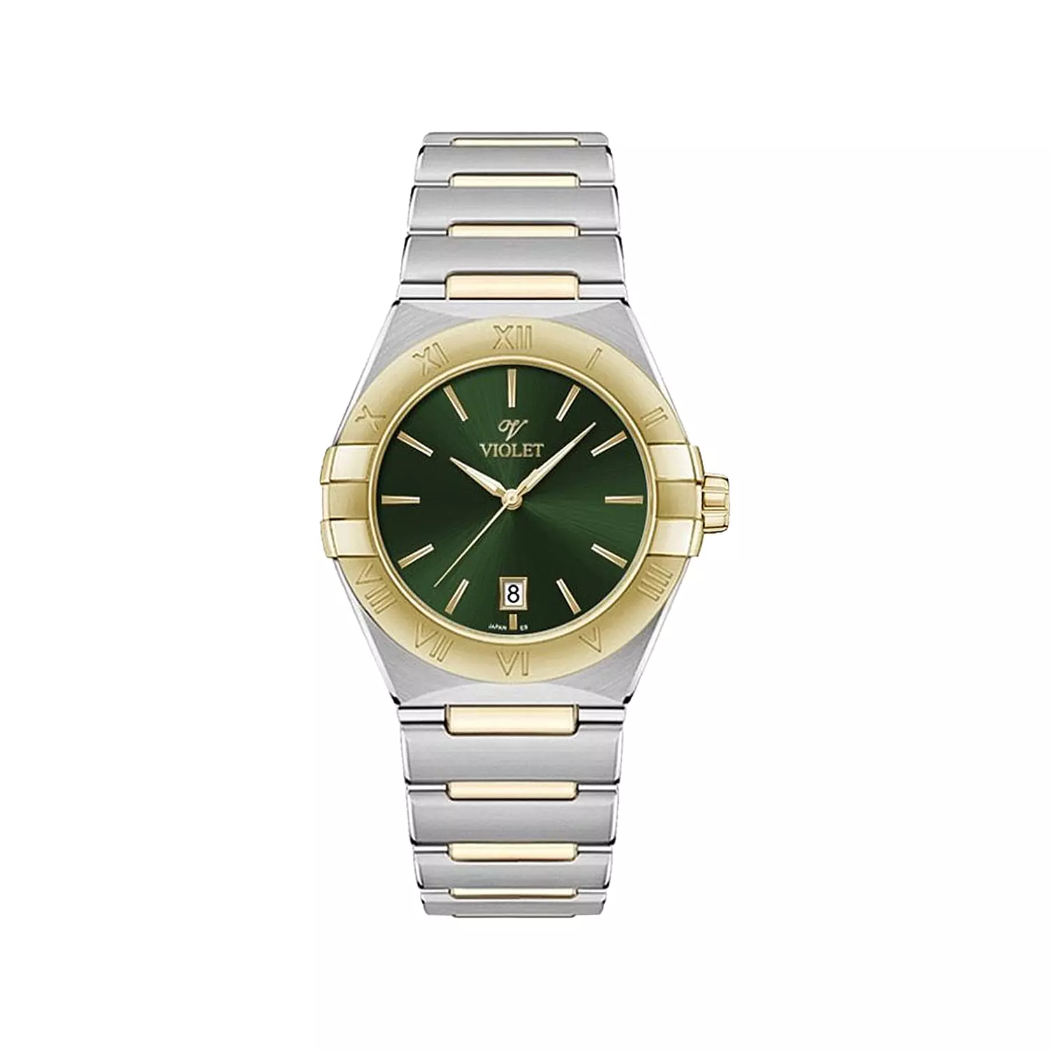 Violet-Watch-Code-B0603G21.webp ساعت مچی مردانه ویولت فلزی نقره ای طلایی صفحه سبز B0603G/2 - Image 1