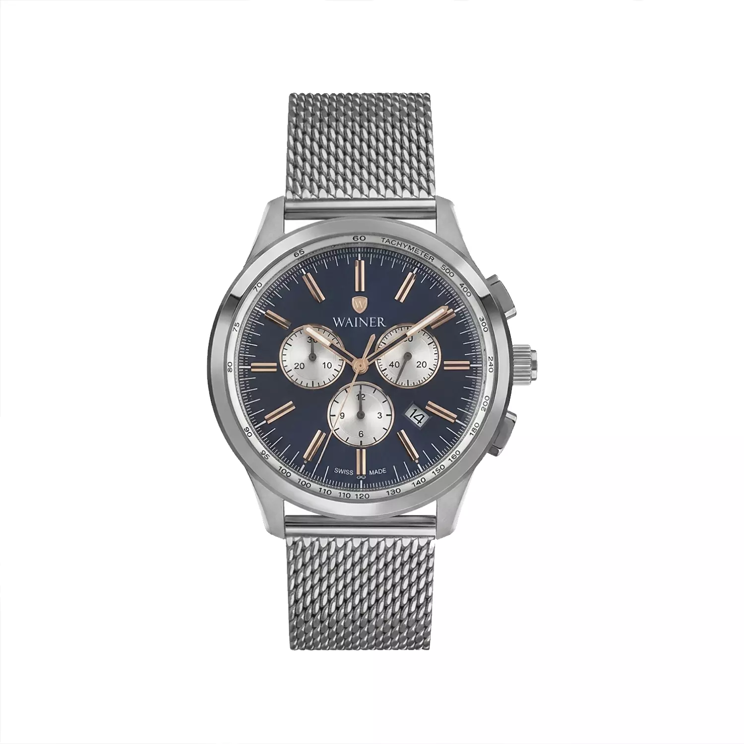 Wainer-Watch-Code-WA.123401.webp ساعت مچی واینر مردانه فلزی صفحه سرمه ای کرنوگراف WA.12340 - Image 1