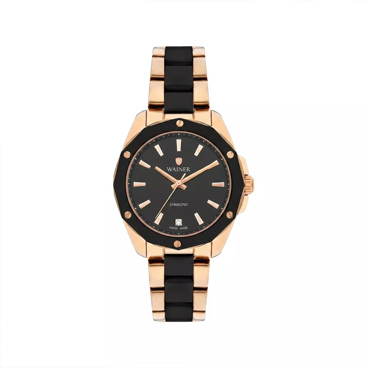 Wainer-Watch-Code-WA.18050-D1.webp ساعت مچی واینر زنانه استیل سرامیک مشکی رزگلد WA.18050-D - Image 1