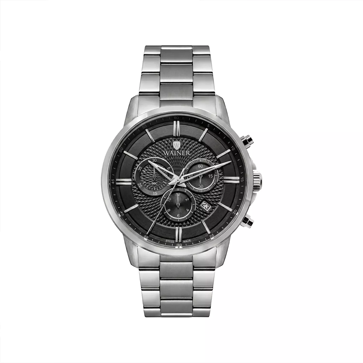 Wainer-Watch-Code-WA.19515-D1.webp ساعت مچی واینر مردانه فلزی صفحه مشکی کرنوگراف WA.19515-D - Image 1