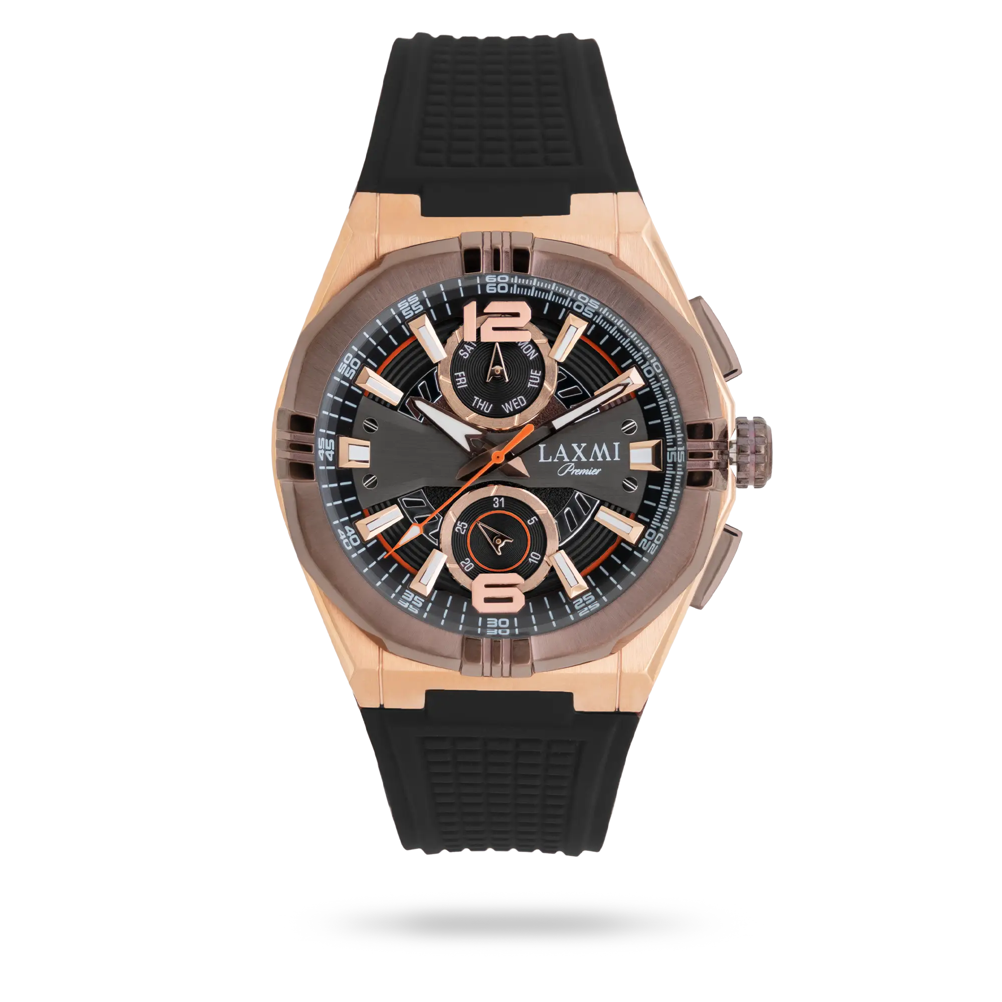 8900-laxmi-watch.webp ساعت مچی مردانه لاکسمی بند سیلیکون رزگلد کد Laxmi 8900 - تصویر 1