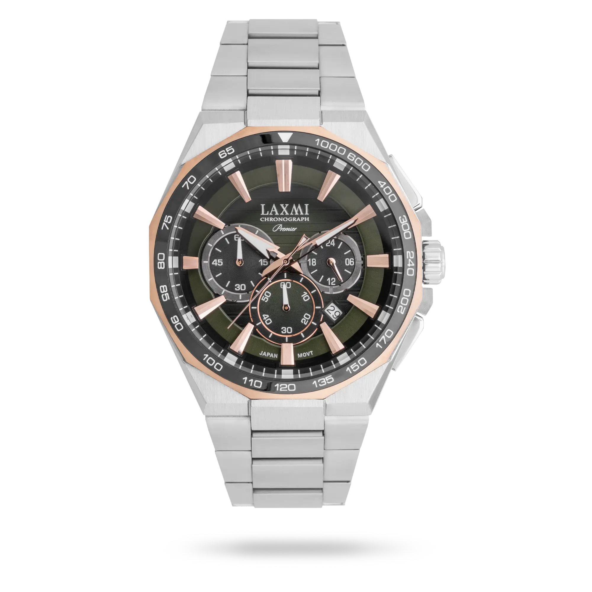 8909-laxmi-watch.webp ساعت مچی مردانه لاکسمی بند استیل دو رنگ رزگلد نقره ای کد Laxmi 8909 - تصویر 1