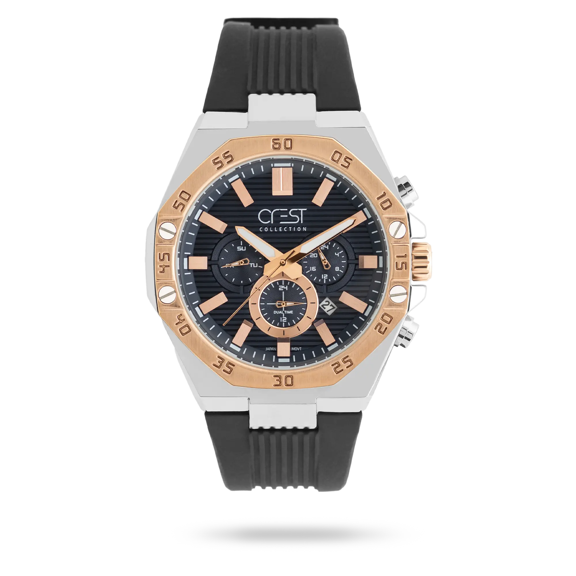 crest-watch-6322-5.webp ساعت مچی مردانه کرست بند سیلیکون دو رنگ رزگلد نقره ای کد Crest 6322/5 - تصویر 1