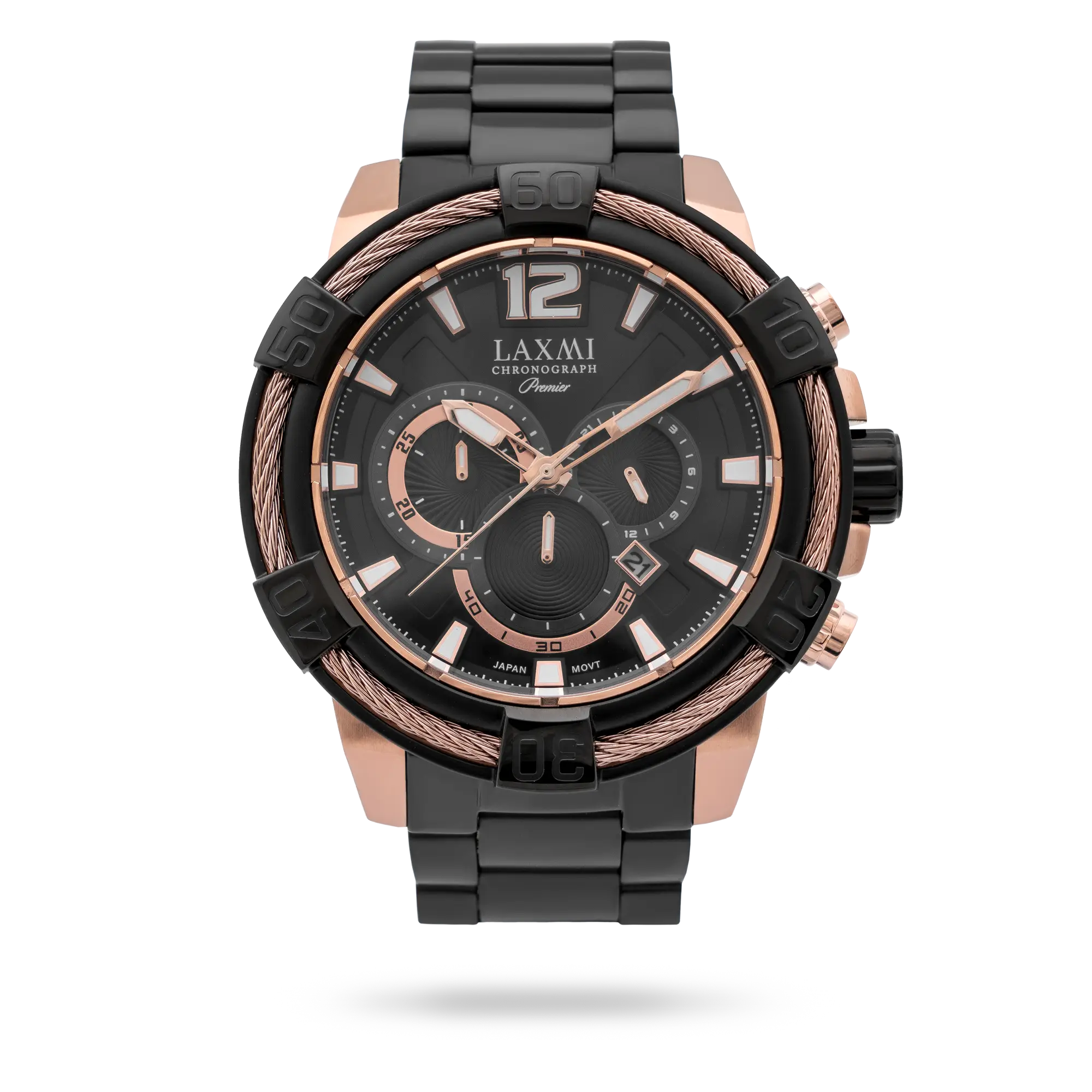 laxmi-watch-8123-9.webp ساعت مچی مردانه لاکسمی بند استیل دو رنگ مشکی رزگلد کد Laxmi 8123/9 - تصویر 1