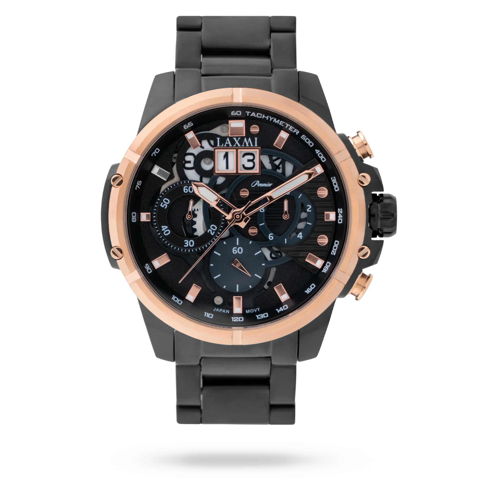 laxmi-watch-8130-2.webp ساعت مچی مردانه لاکسمی بند استیل دو رنگ دودی رزگلد کد Laxmi 8130/2 - تصویر 1