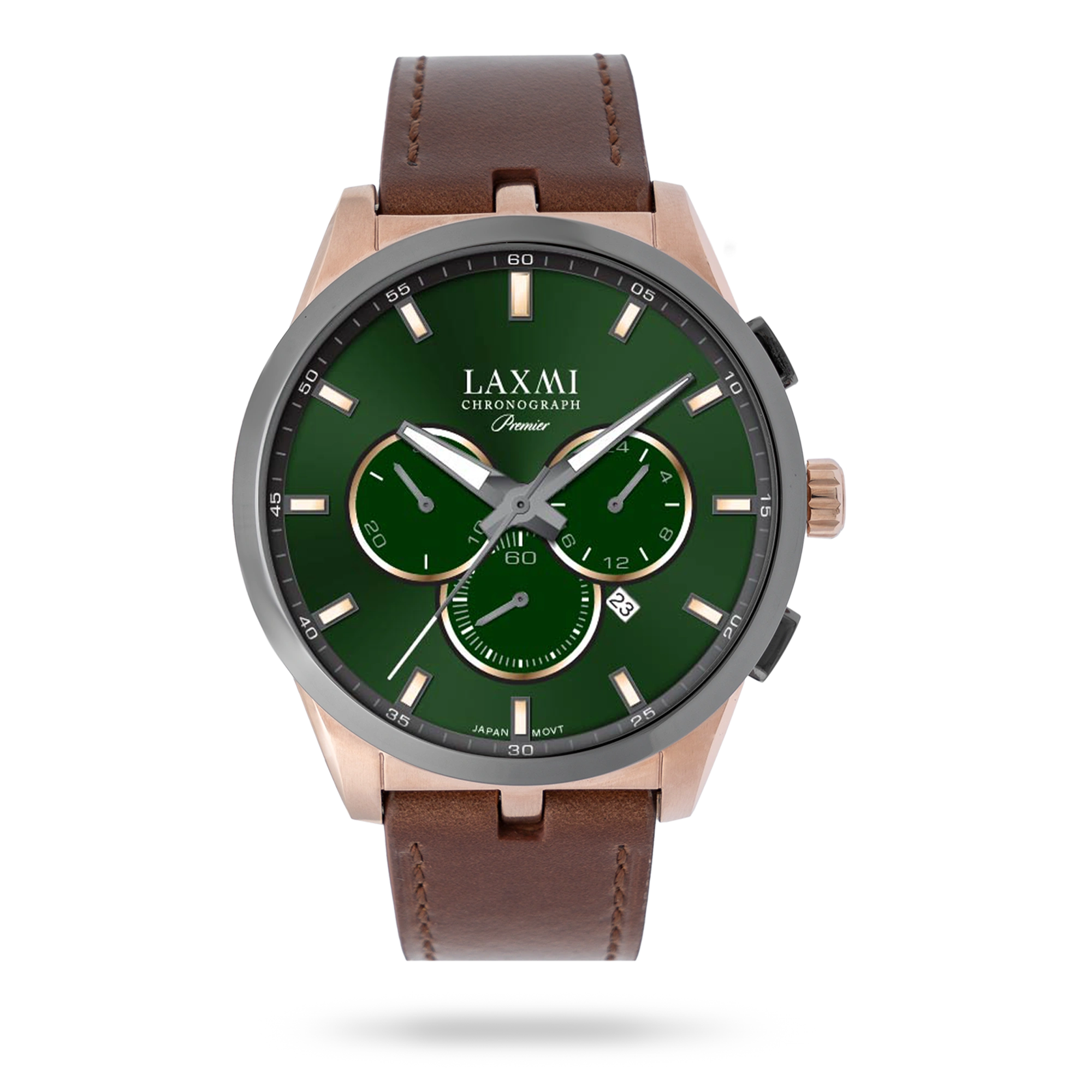 laxmi-watch-8131-1.webp ساعت مچی مردانه لاکسمی بند چرم دو رنگ دودی رزگلد کد Laxmi 8131/1 - تصویر 1