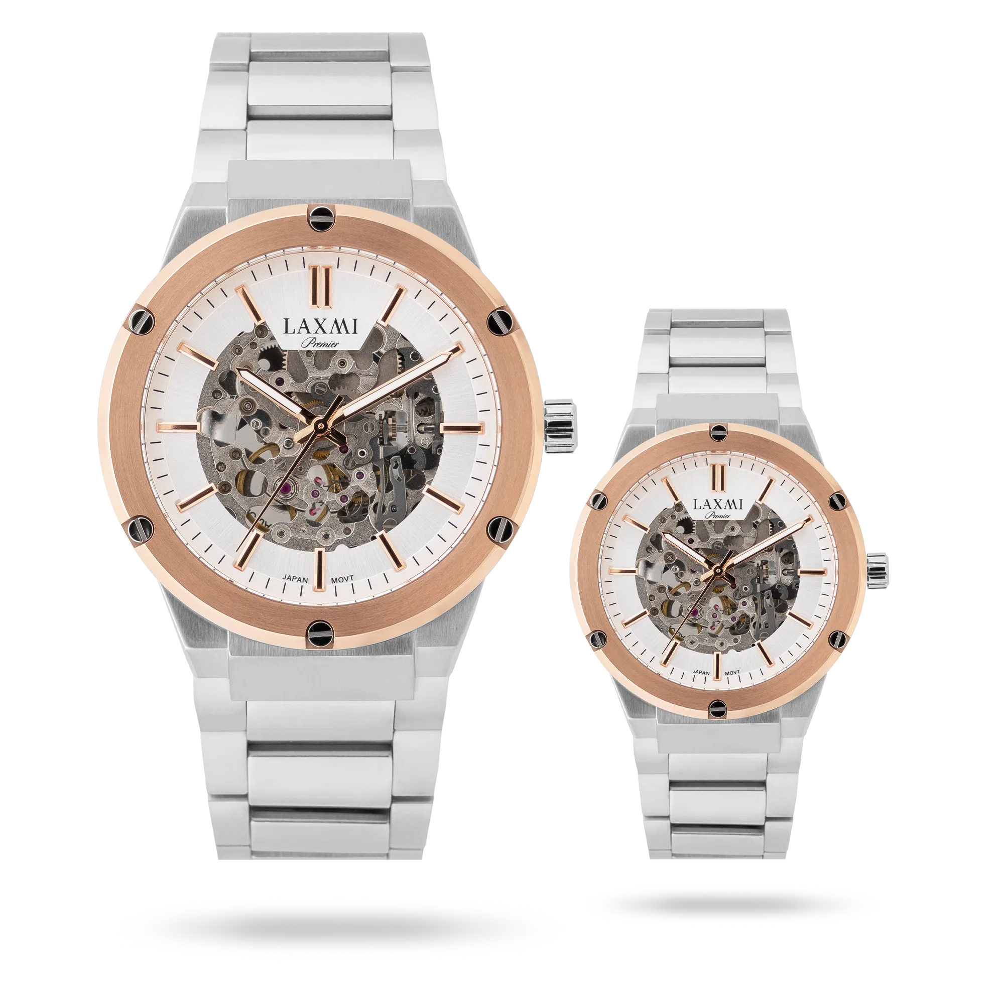 laxmi-watch-8151-2.webp ساعت مچی ست لاکسمی بند استیل دو رنگ رزگلد نقره ای کد Laxmi 8151/2 - تصویر 1