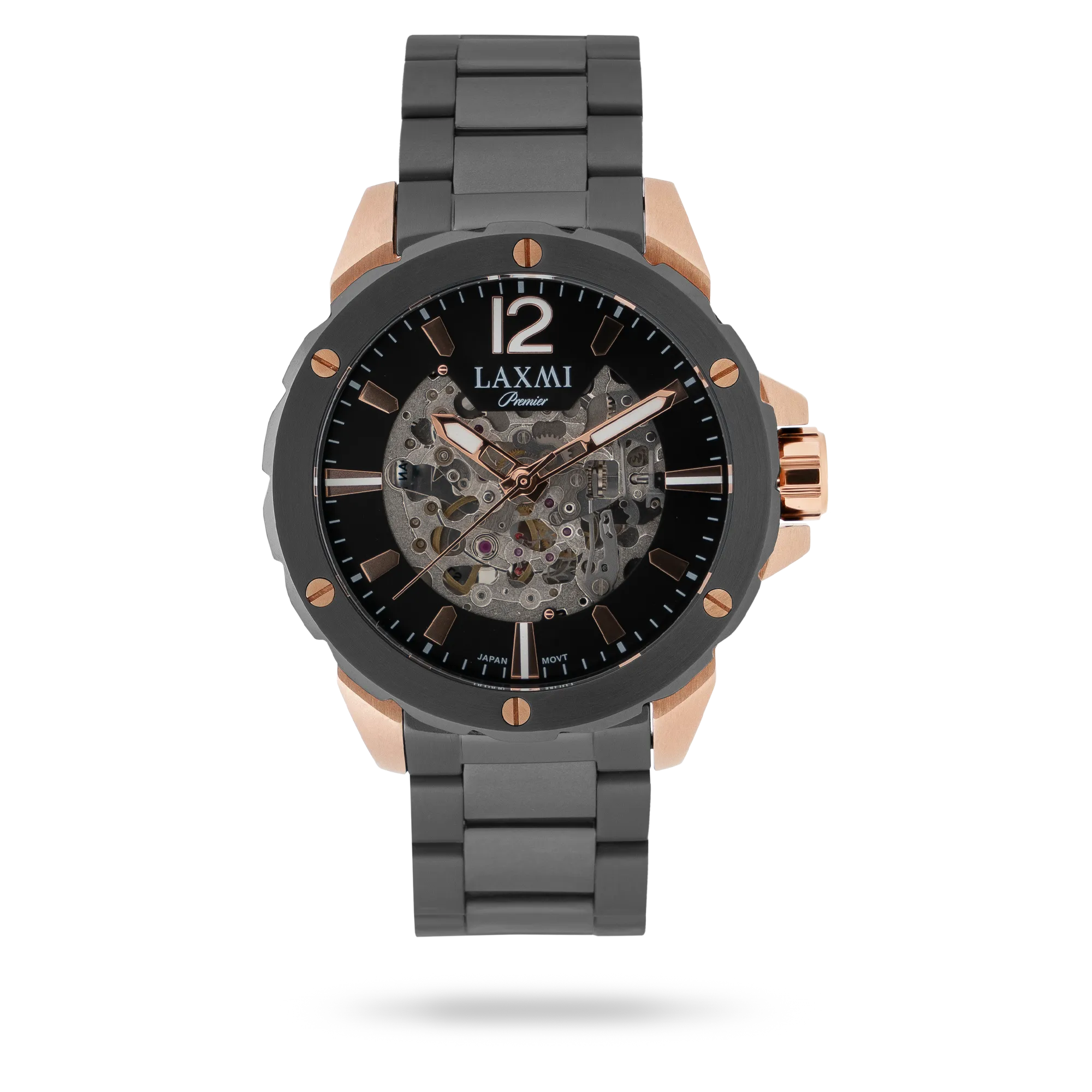 laxmi-watch-8154-3.webp ساعت مچی مردانه لاکسمی بند استیل دو رنگ مشکی رزگلد کد Laxmi 8154/3 - تصویر 1