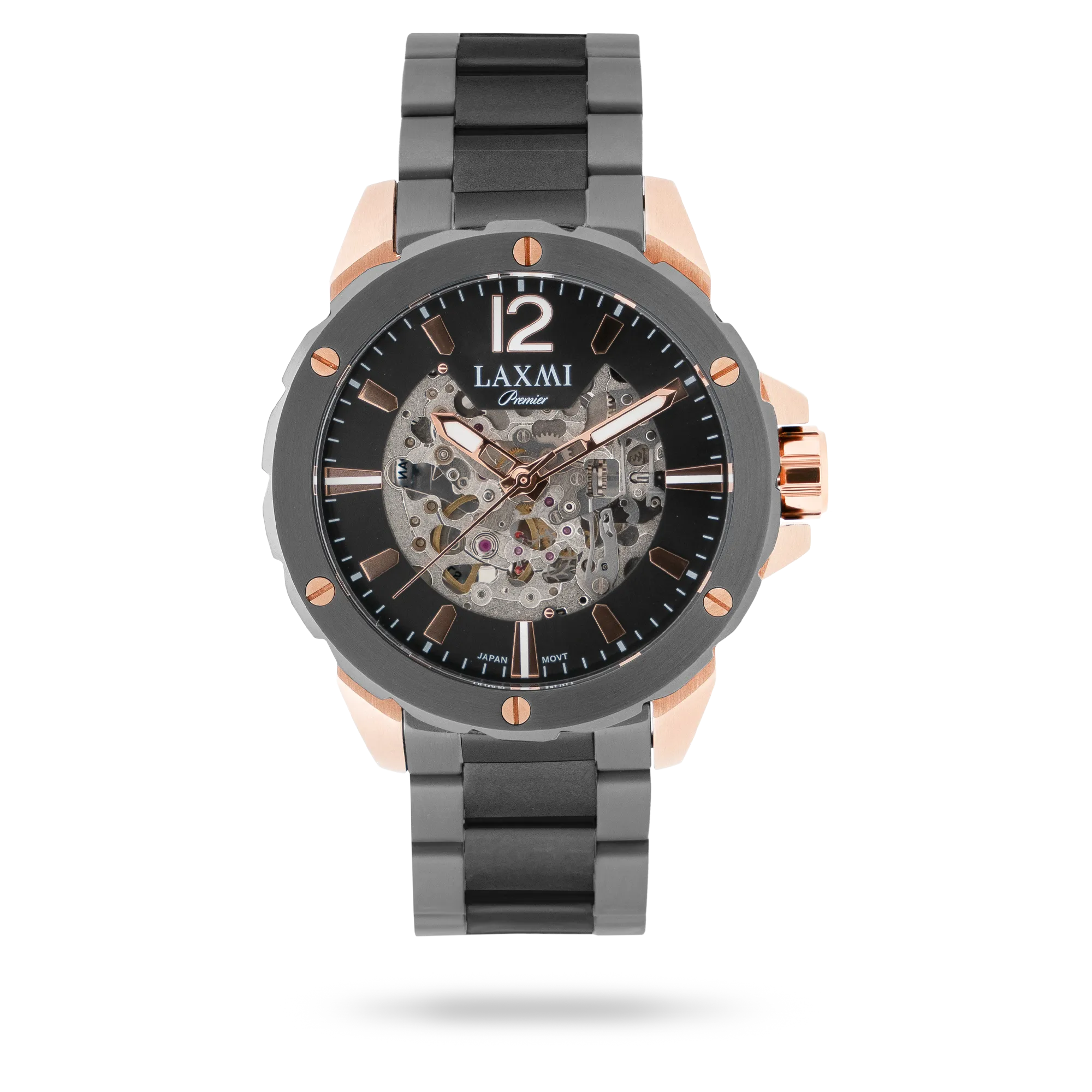 laxmi-watch-8154-5.webp ساعت مچی مردانه لاکسمی بند استیل دو رنگ دودی رزگلد کد Laxmi 8154/5 - تصویر 1