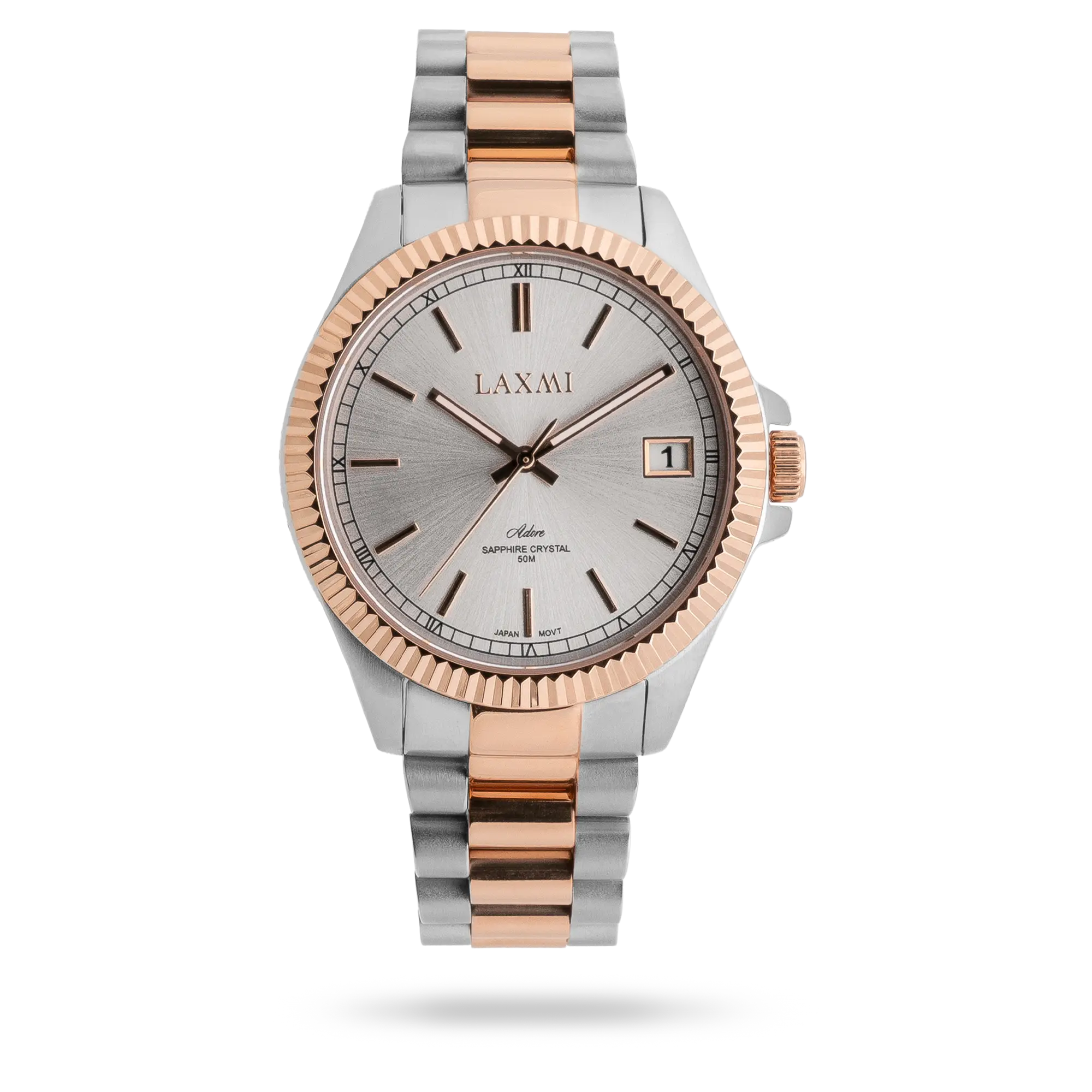 laxmi-watch-8506-30.webp ساعت مچی زنانه لاکسمی بند استیل دو رنگ رزگلد نقره ای کد Laxmi 8506/30 - تصویر 1