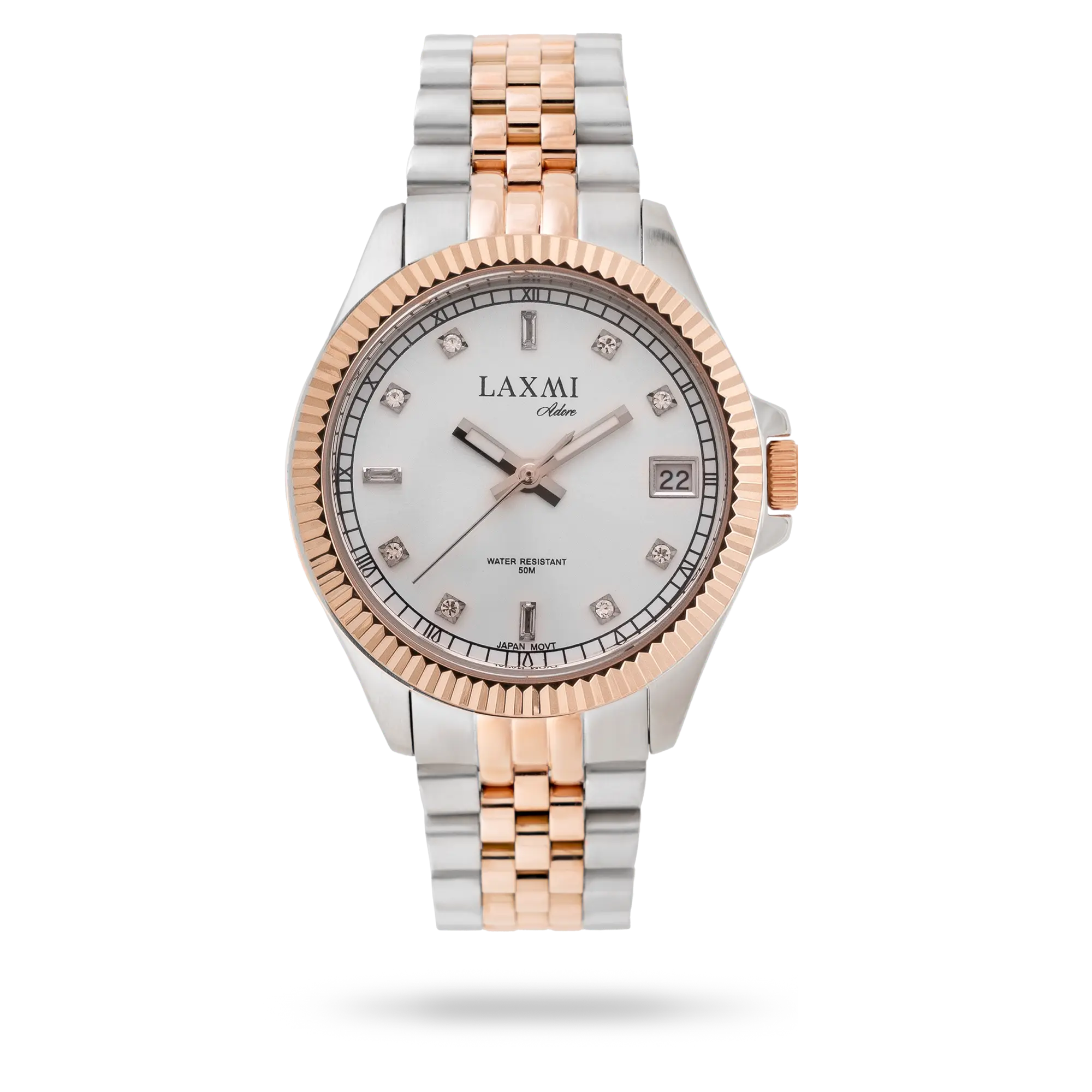 laxmi-watch-8506-42.webp ساعت مچی زنانه لاکسمی بند استیل دو رنگ رزگلد نقره ای کد Laxmi 8506/42 - تصویر 1