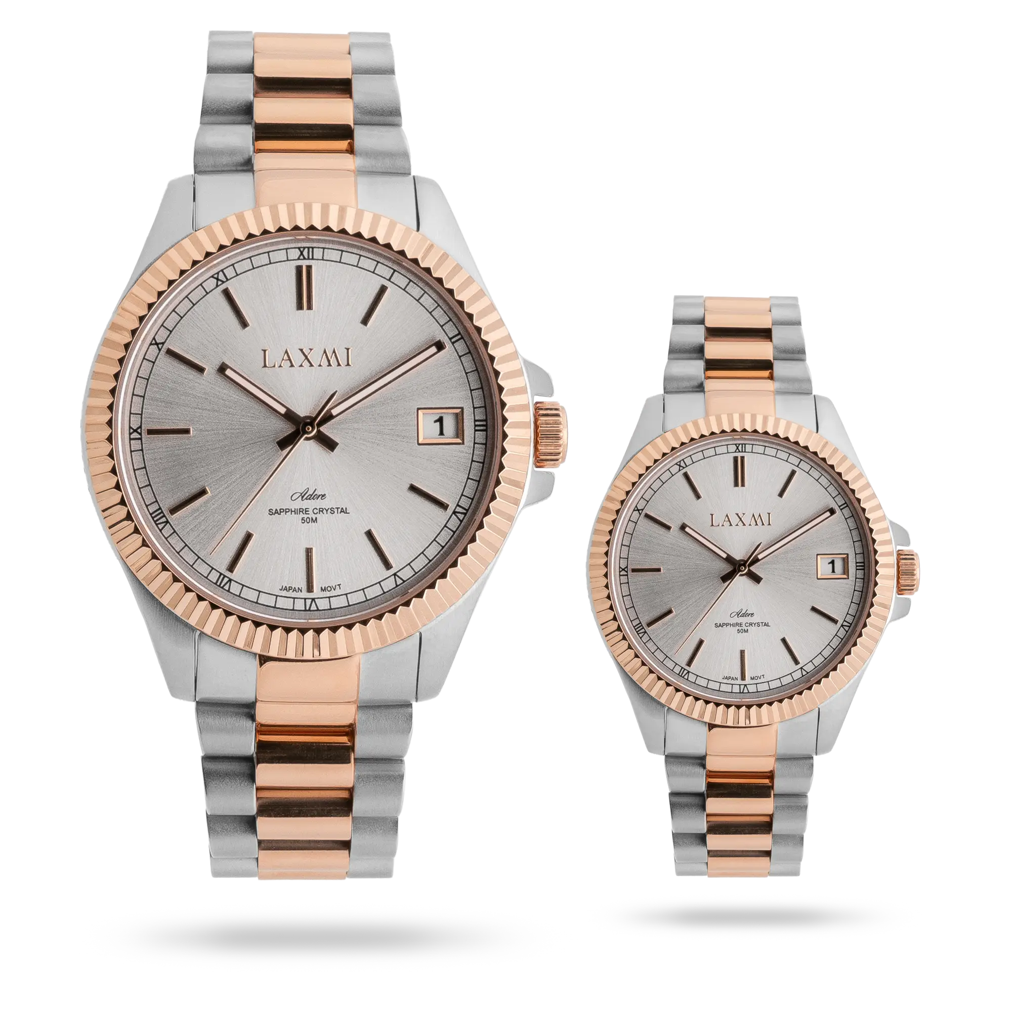 laxmi-watch-8506-48.webp ساعت مچی ست لاکسمی بند استیل دو رنگ رزگلد نقره ای کد Laxmi 8506/48 - تصویر 1