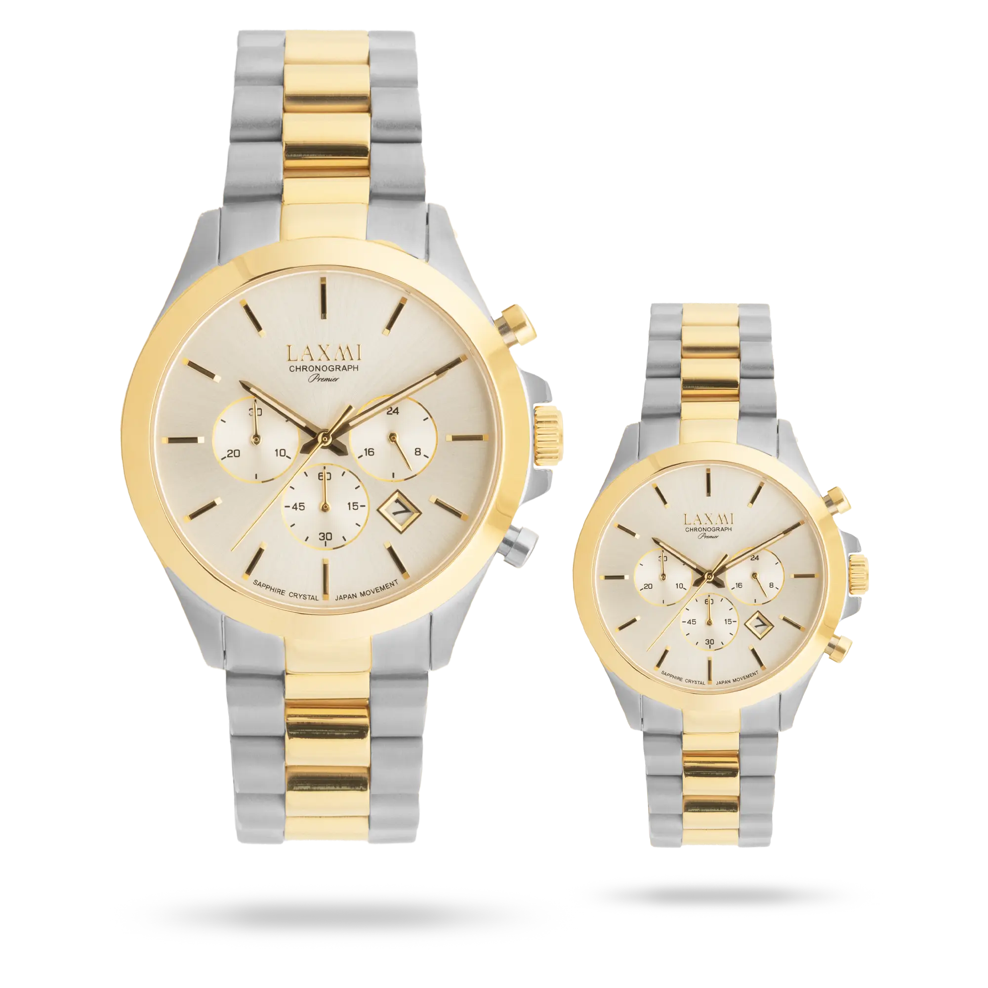 laxmi-watch-8517-8.webp ساعت مچی ست لاکسمی بند استیل دو رنگ طلای نقره ای کد Laxmi 8517/8 - تصویر 1
