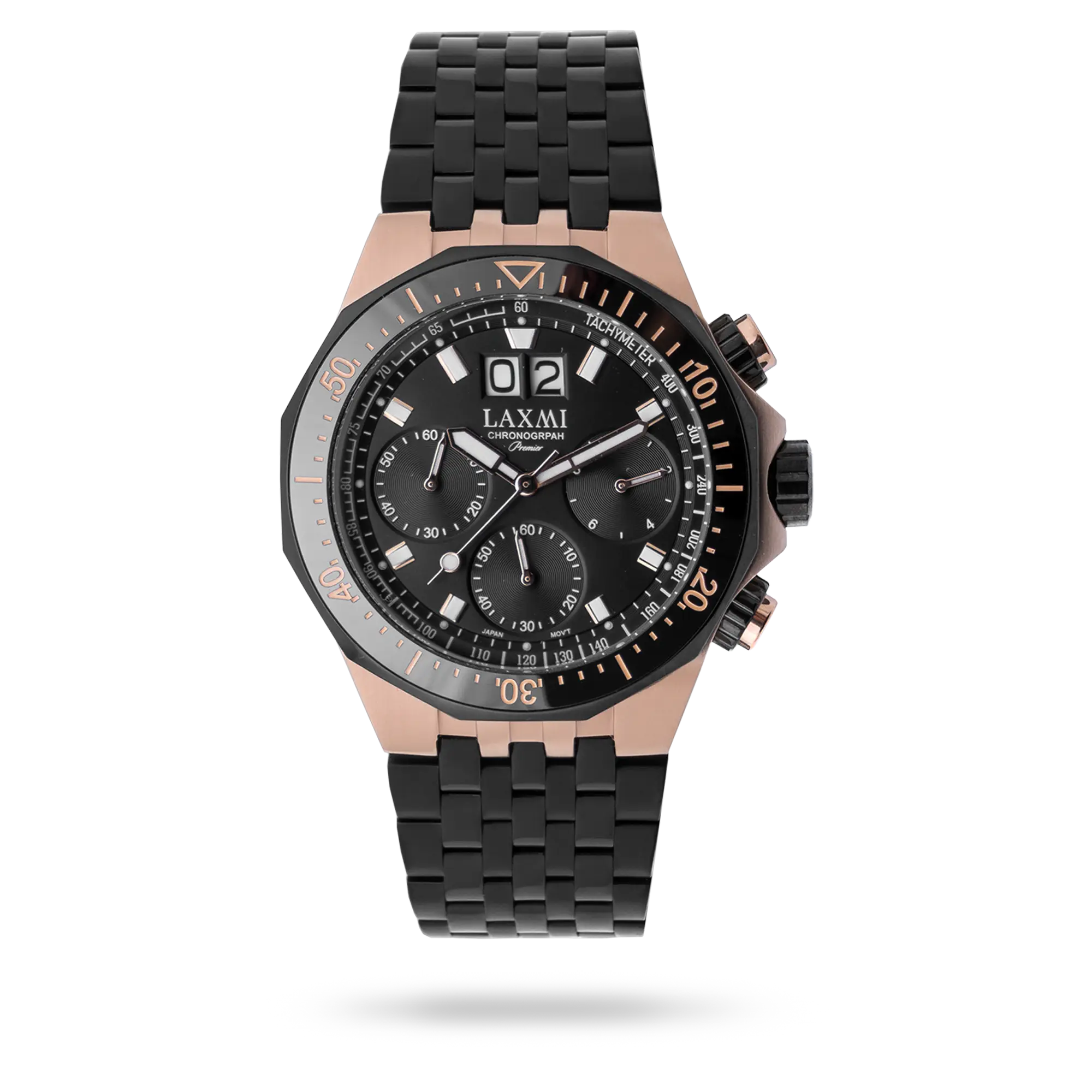 laxmi-watch-8538-1.webp ساعت مچی مردانه لاکسمی بند استیل دو رنگ مشکی رزگلد کد Laxmi 8538/1 - تصویر 1